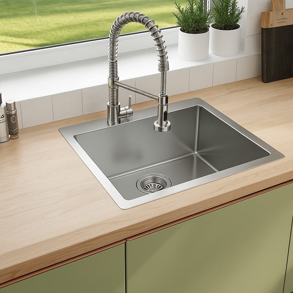 Faizee Möbel Edelstahlspüle Edelstahlspüle 50,5x55 Silber + Armatur Spiral Küchenspüle Siphon, eckig