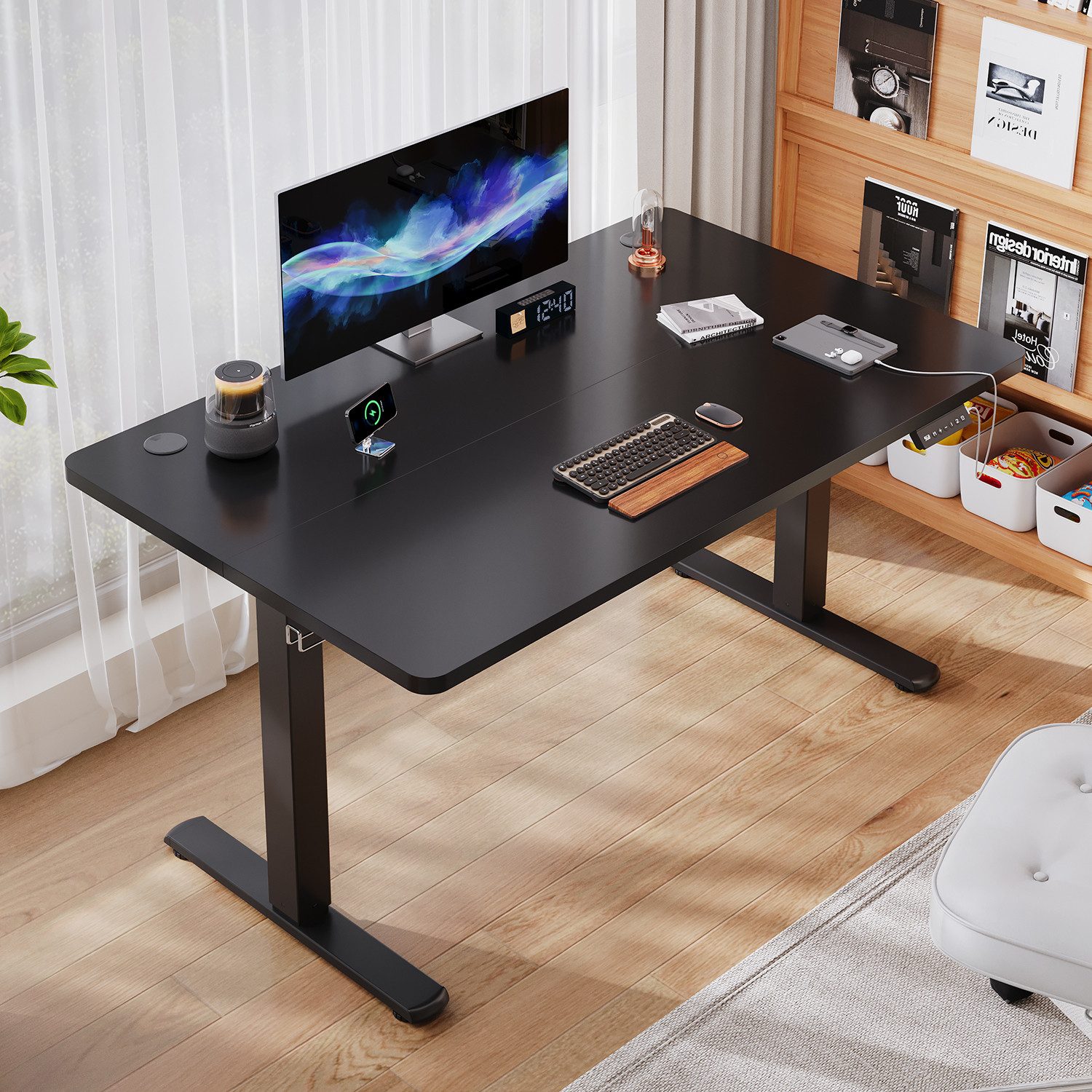 HOMALL Schreibtisch Höhenverstellbarer mit Gedächtnissteuerung, 110/120/140cm x 70cm (2-lagige Höhenverstellung mit sitzender Erinnerungsfunktion und USB-Ladeanschluss)