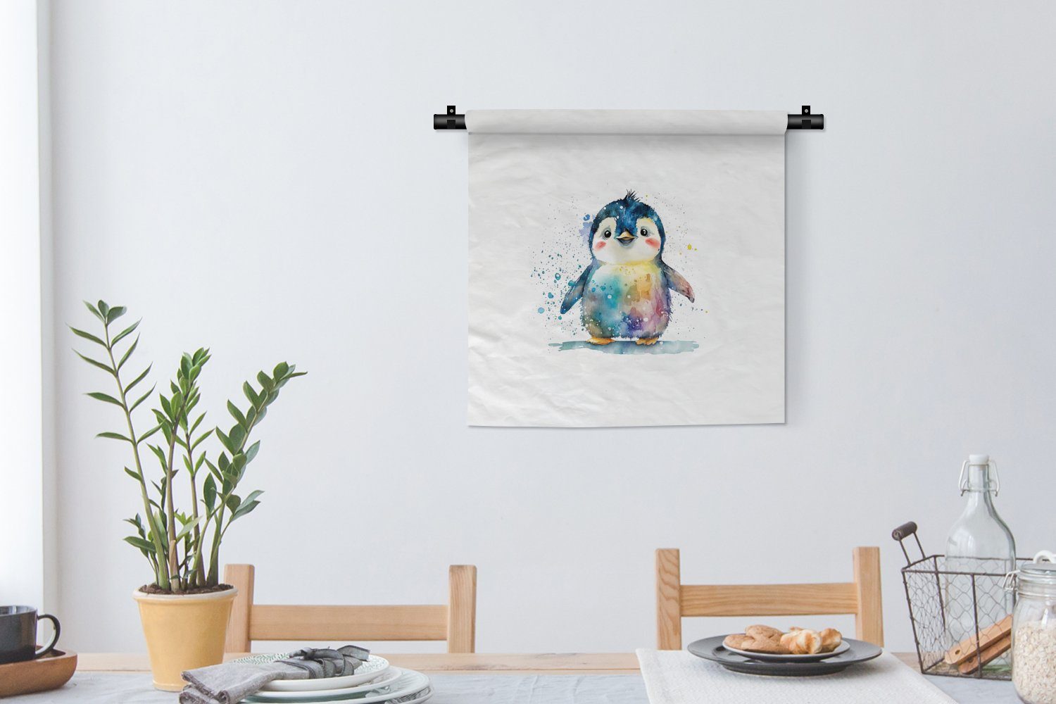 MuchoWow Wanddekoobjekt Pinguin - Regenbogen Wandbehang, - für Kleid, - Kinder, Kinderzimmer Tiere - Wohnzimmer, Wanddeko Schlafzimmer, Aquarell