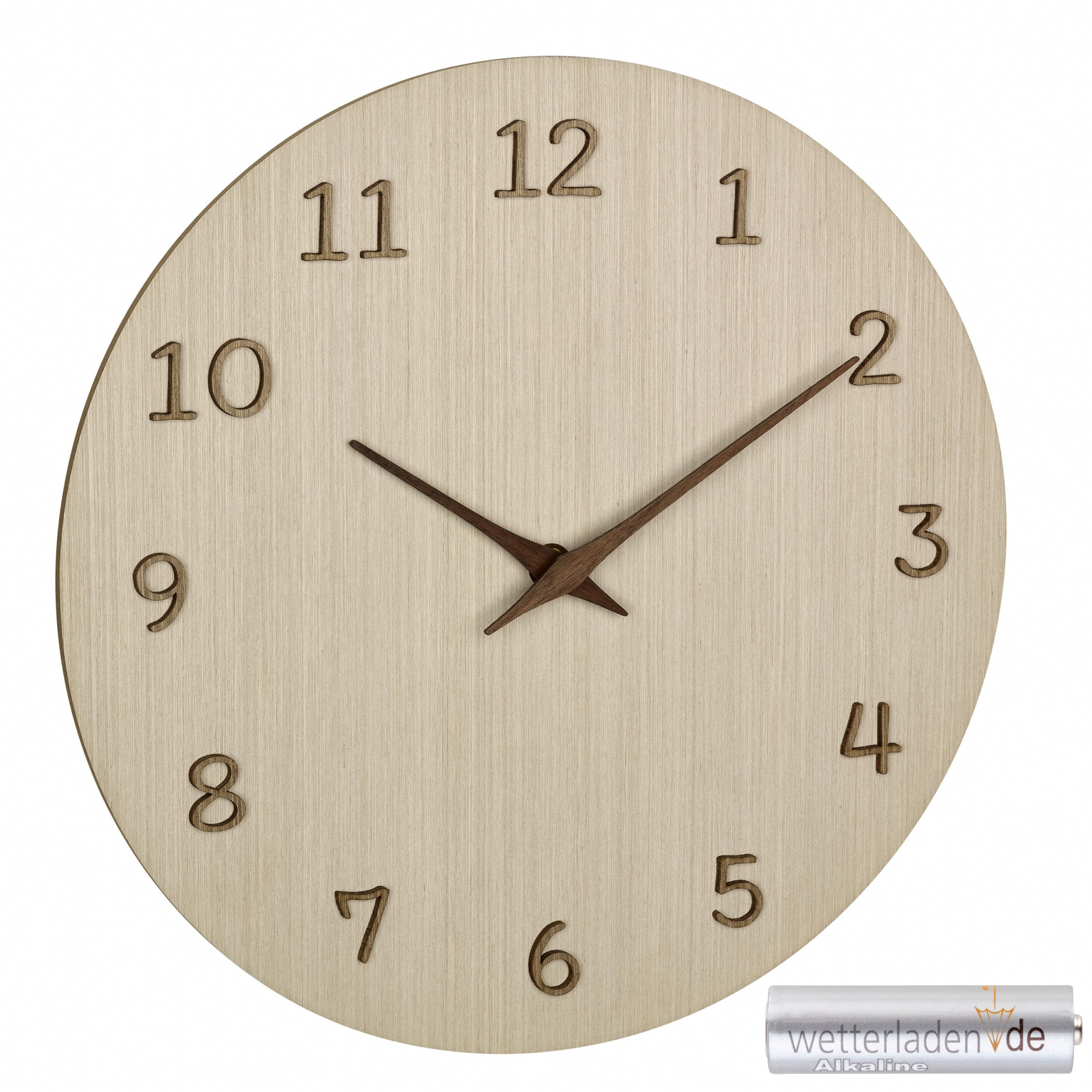 TFA Dostmann Wanduhr analog aus Holz 60.3072 Quarzuhr 298 mm Qualitätsuhrwerk 3D-Ziffern