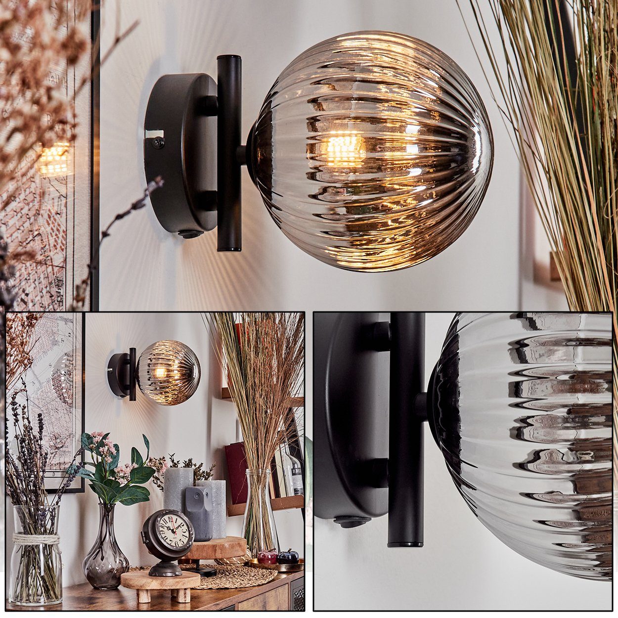 hofstein Wandleuchte Wandlampe aus Metall/Riffelglas in Schwarz/Rauchfarben, ohne Leuchtmittel, Leuchte mit Glasschirm, An/-Auschalter, 1xG9, ohne Leuchtmittel