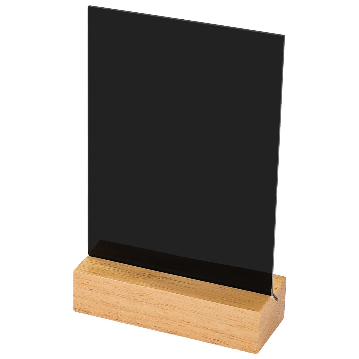 HMF Standtafel Acryl Tischaufsteller im DIN A6 Hochformat mit massivem Holzfuß, (1-tlg), aus Eiche, abwischbare Kreidetafel zum Beschriften, Schwarz
