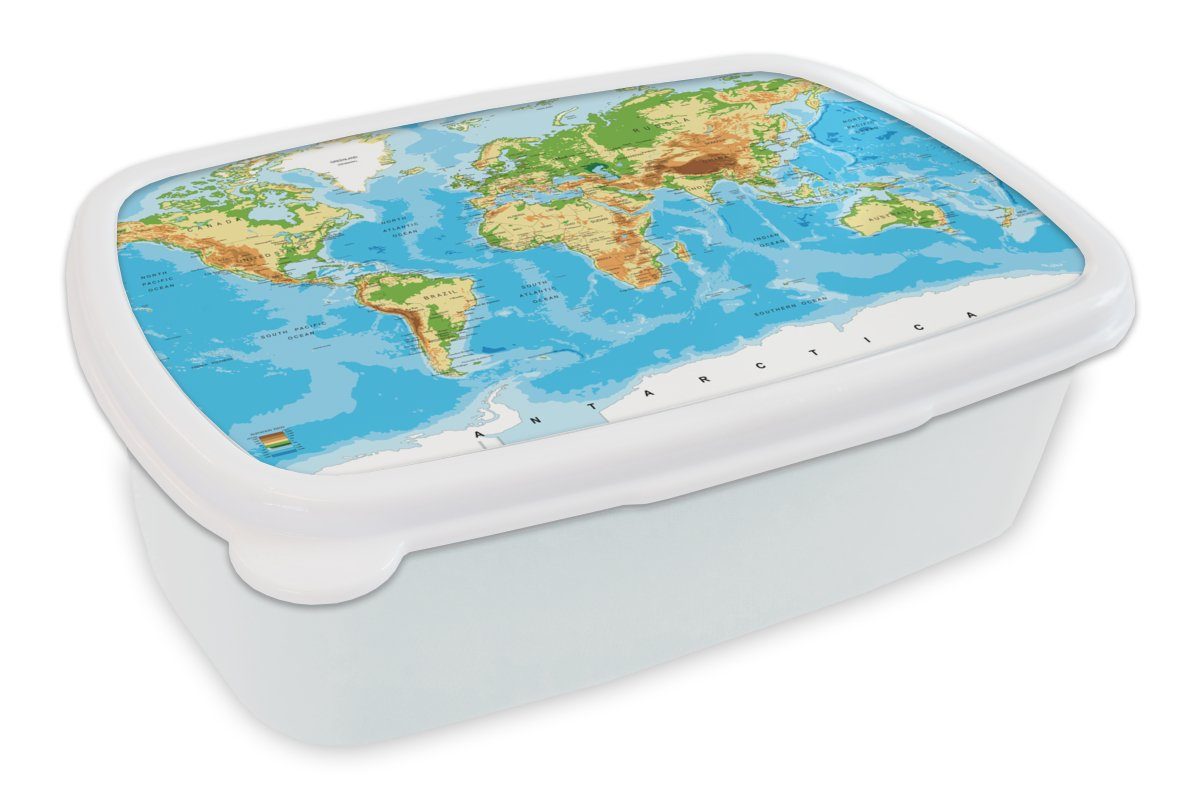 MuchoWow Lunchbox Weltkarte - Atlas - Farben - Kinder - Jungen - Mädchen, Kunststoff, (2-tlg), Brotbox für Kinder und Erwachsene, Brotdose, für Jungs und Mädchen weiß