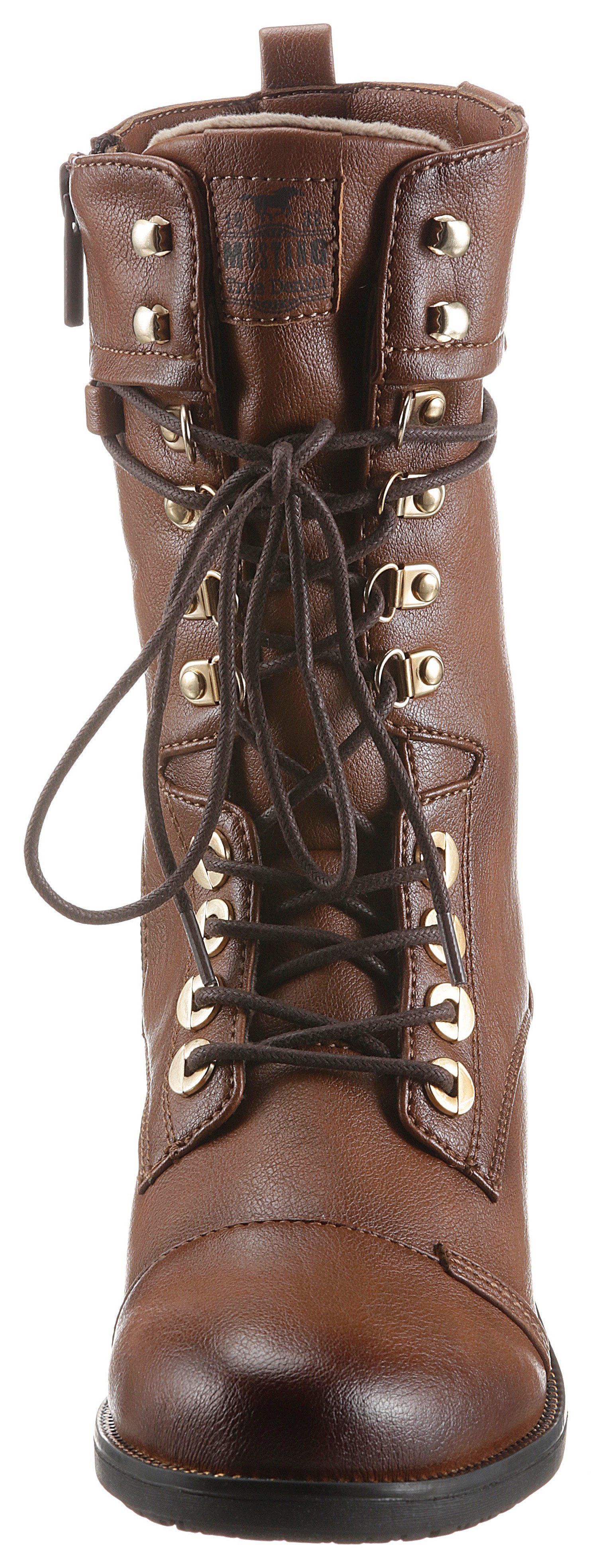 Mustang Ösen Shoes cognac-used goldfarbenen Schnürstiefelette mit