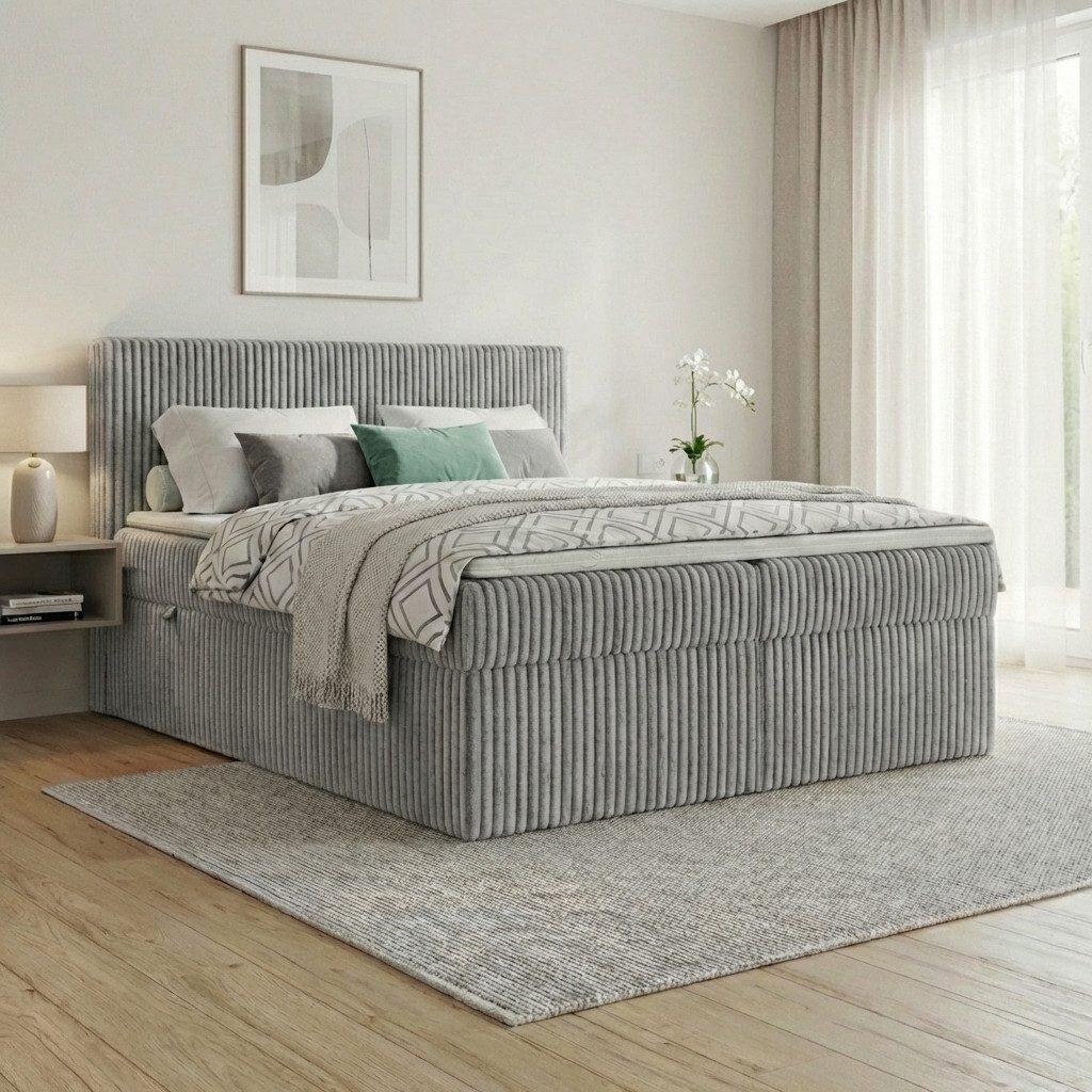 A&J MöbelLand GmbH Boxspringbett RALF mit Bettkasten, Topper und gepolstertem Kopfteil. (Boxspringbett mit Bettkasten und gepolstertem Kopfteil)