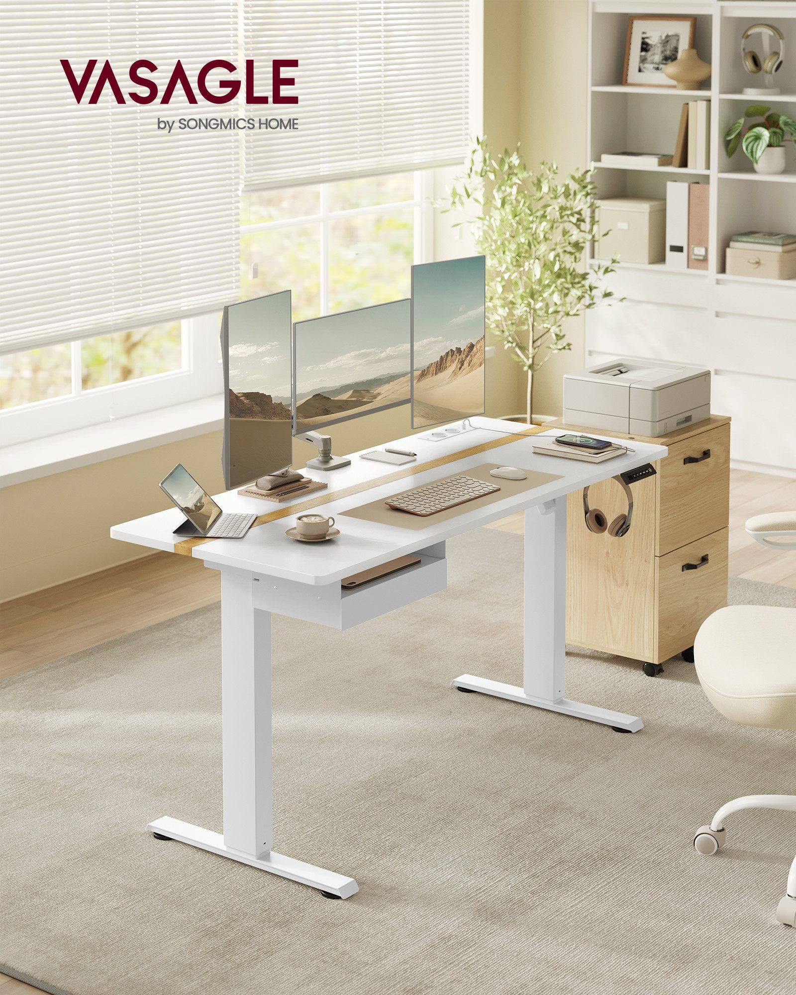 VASAGLE Schreibtisch höhenverstellbar, elektrisch, mit Steckdosen und Stoff günstig online kaufen