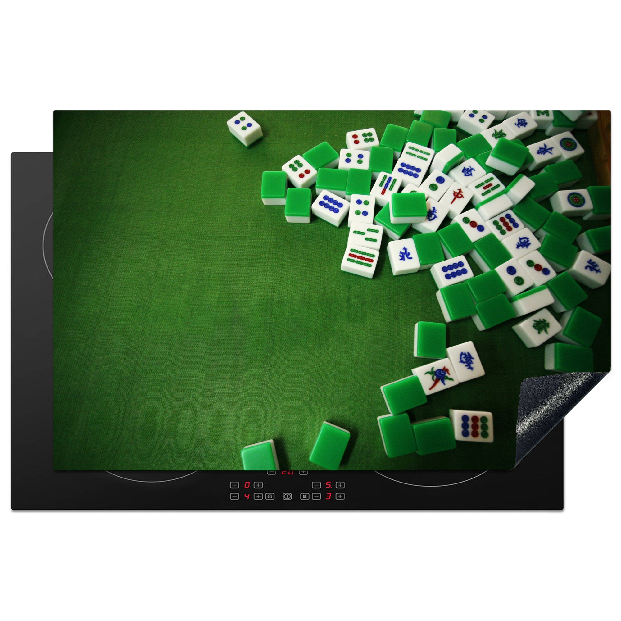 MuchoWow Herdblende-/Abdeckplatte Verschiedene Mahjong-Spielsteine vor grünem Hintergrund, Vinyl, (1 tlg), 81x52 cm, Induktionskochfeld Schutz für die küche, Ceranfeldabdeckung