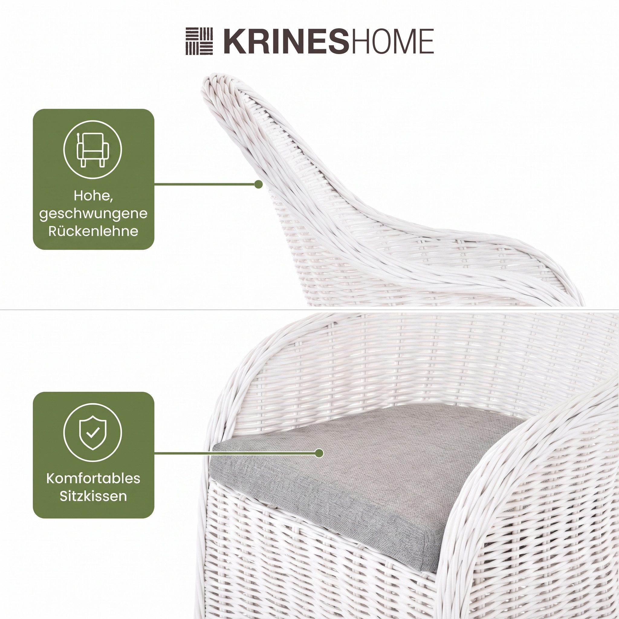 Krines Home Esszimmersessel Rattansessel Esszimmerstuhl mit Armlehne Korbsessel Esszimmersessel, Flechtsessel mit Polster – Bild 5 von 5
