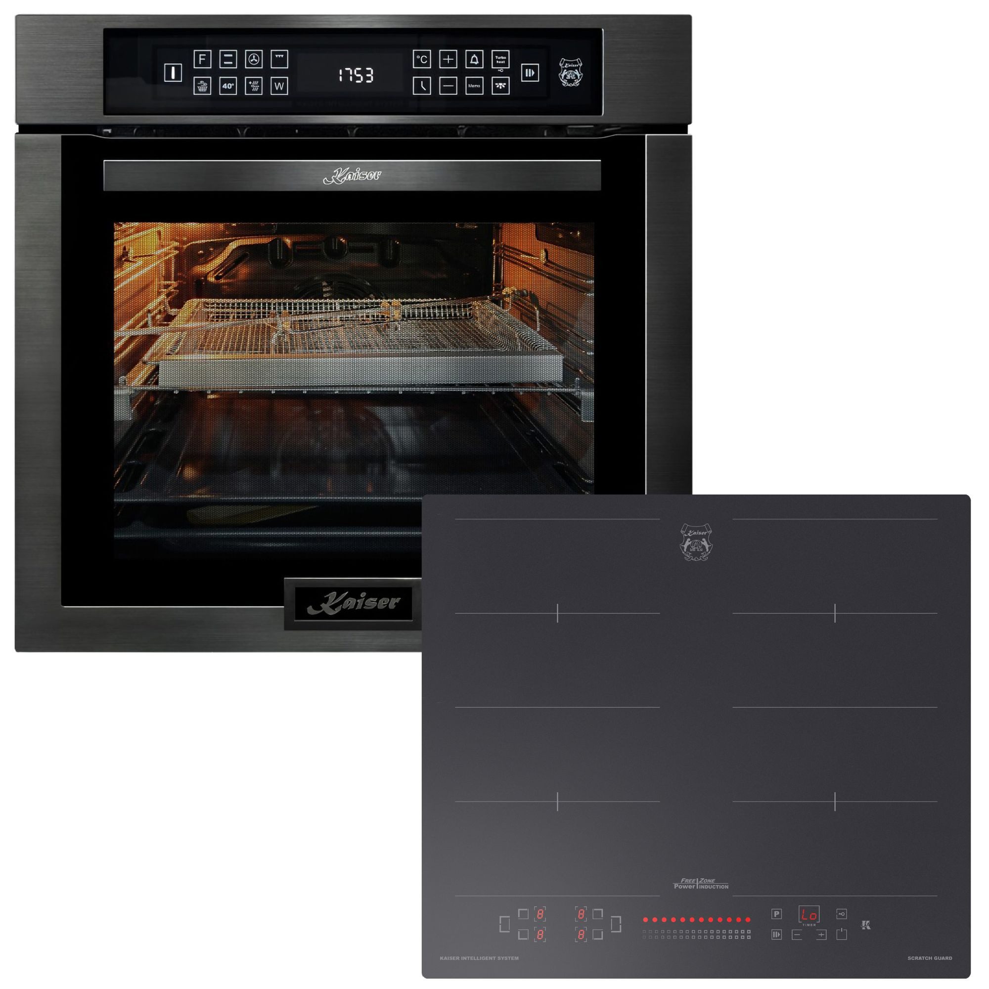 Kaiser Küchengeräte Backofen-Set Einbau Backofen Air Fry 86L mit Temperatursonde • Induktionskochfeld 60 cm 2 Flexzonen Power Booster Scratch Guard • Autark Herd Set EH 6306 N RS+KCT 6110 FI, mit 1-fach-Teleskopauszug, Katalytische Selbstreinigung, Easy Clean Emaille, Air Fry, XXL 86 L, Thermosonde, Katalytische Selbstreinigung