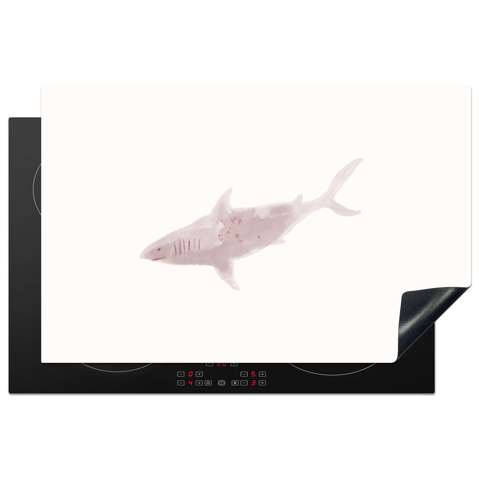 MuchoWow Herdblende-/Abdeckplatte Hai - Raubtiere - Aquarell, Vinyl, (1 tlg), 81x52 cm, Induktionskochfeld Schutz für die küche, Ceranfeldabdeckung