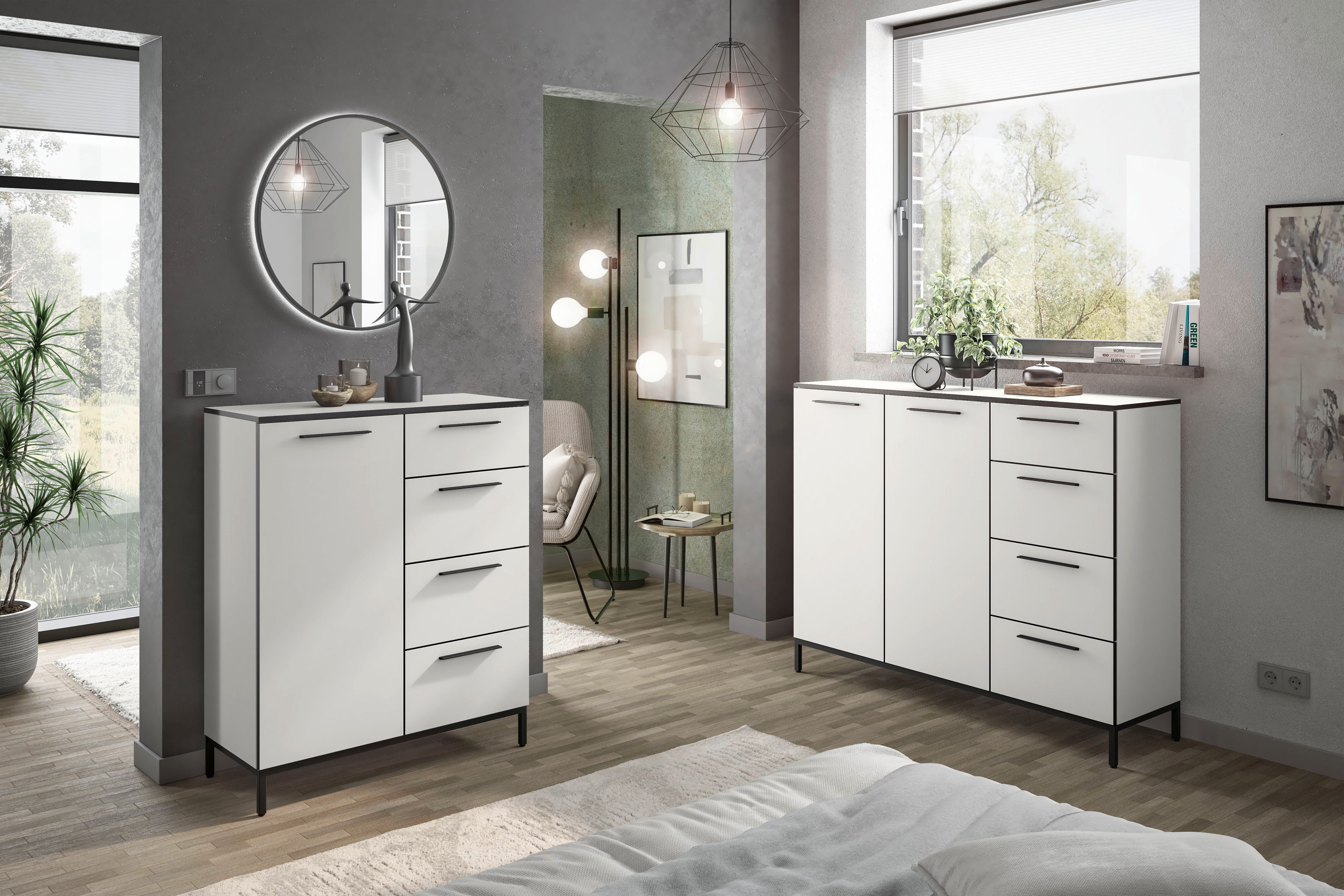 Manjana Möbel Kommode mit Schwarz matten Metallgriffen in verschiedenen Ausführungen, mit Soft-Close-Funktion, mit melaminbeschichteter Oberfläche