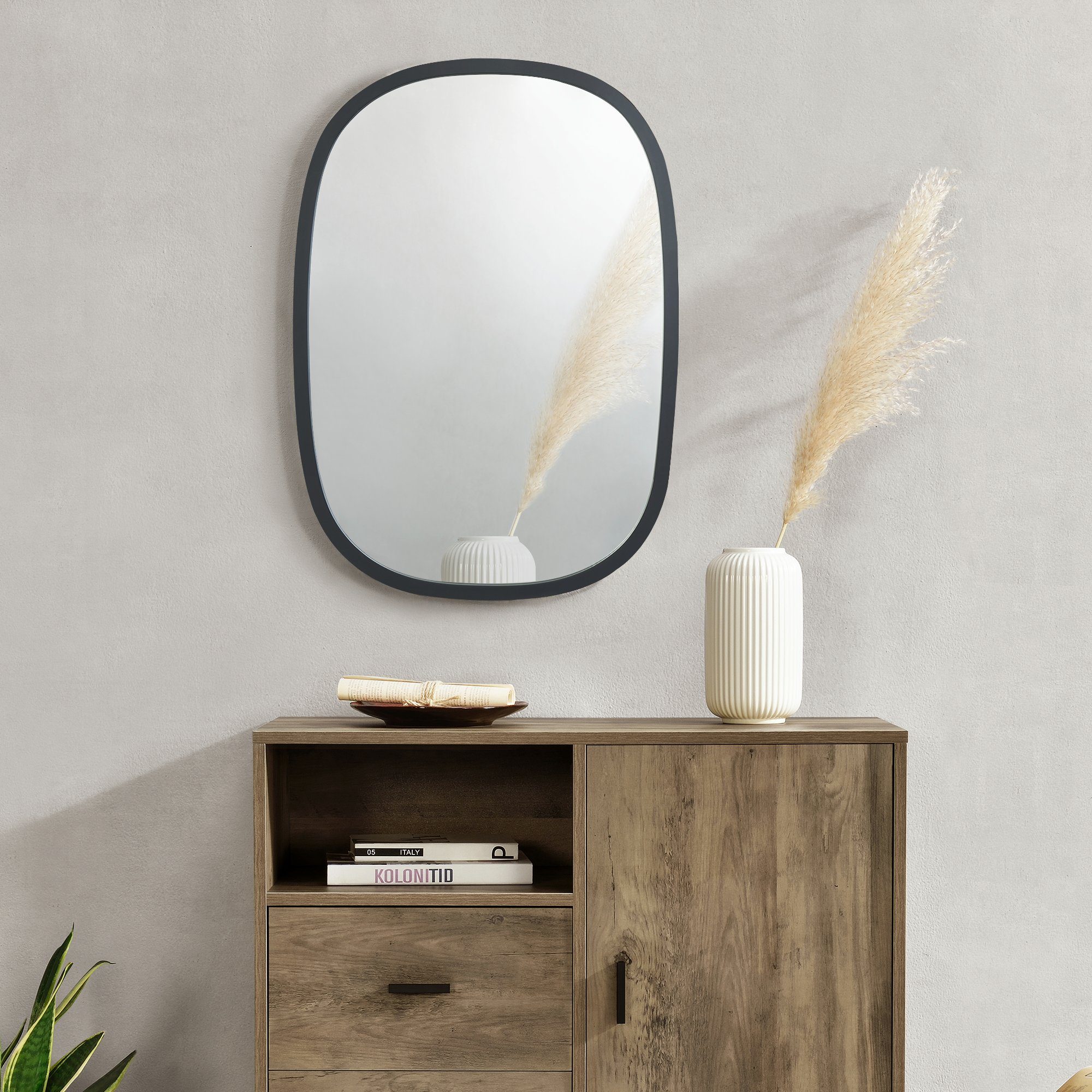 en.casa Wandspiegel, Spiegel »Copertino« oval 70 x 50 cm mit Rahmen Schwarz, matt | Wandspiegel