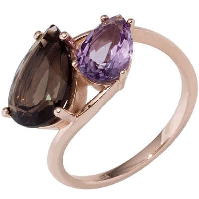 Schmuck Krone Fingerring Ring Damenring mit Rauchquarz braun & Amethyst lila violett 585 Gold Rotgold, Gold 585