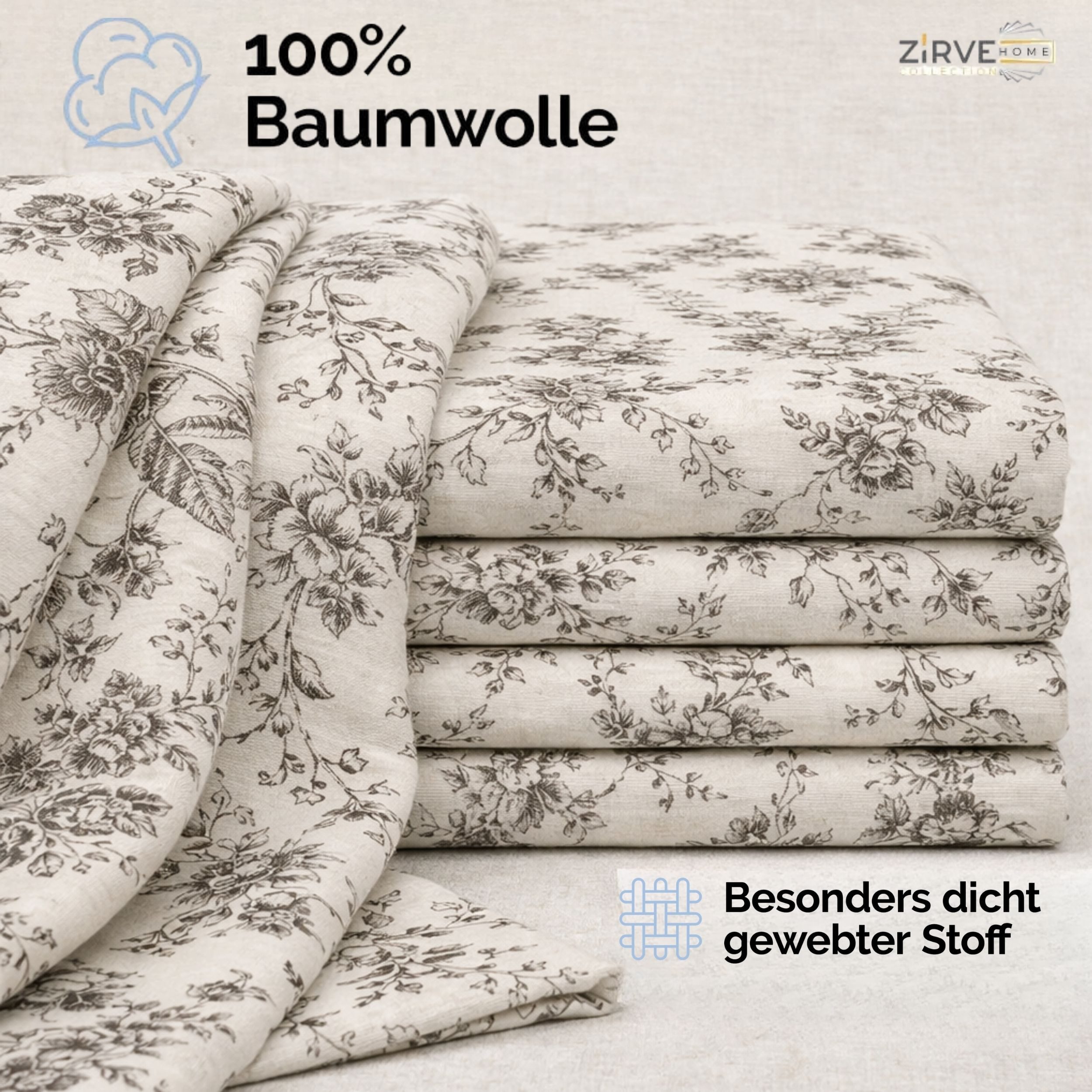 ZIRVEHOME Bettwäsche Baumwolle Bettwäsche-Set Beige Bettbezug Schwarz geblümt Evla V1, Renforce, 3 teilig, Baumwolle Bettbezug Beige mit Blumenmuster in Schwarz – Bild 5 von 5