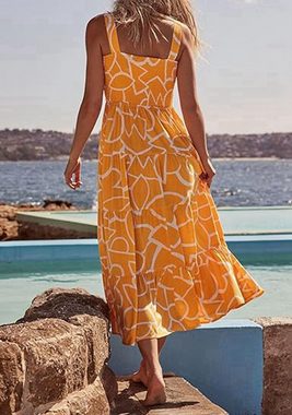 Orient Phoenix Jerseykleid Damen-Midi-Tankkleid mit plissierten Trägern quadratischem Ausschnitt Damen-Maxi-Strand-Tanktop-Kleid mit böhmischem Blumendruck