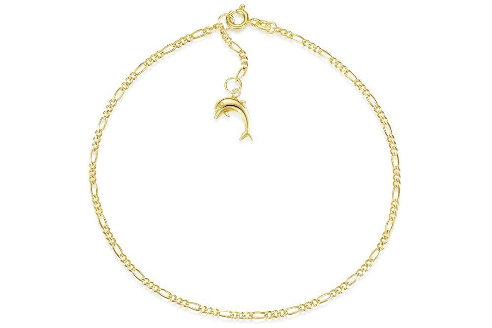 Silberkettenstore Fußkette Figarofußkette 2mm mit Anhänger Delfin - echt 585 Gold, Длина 23cm
