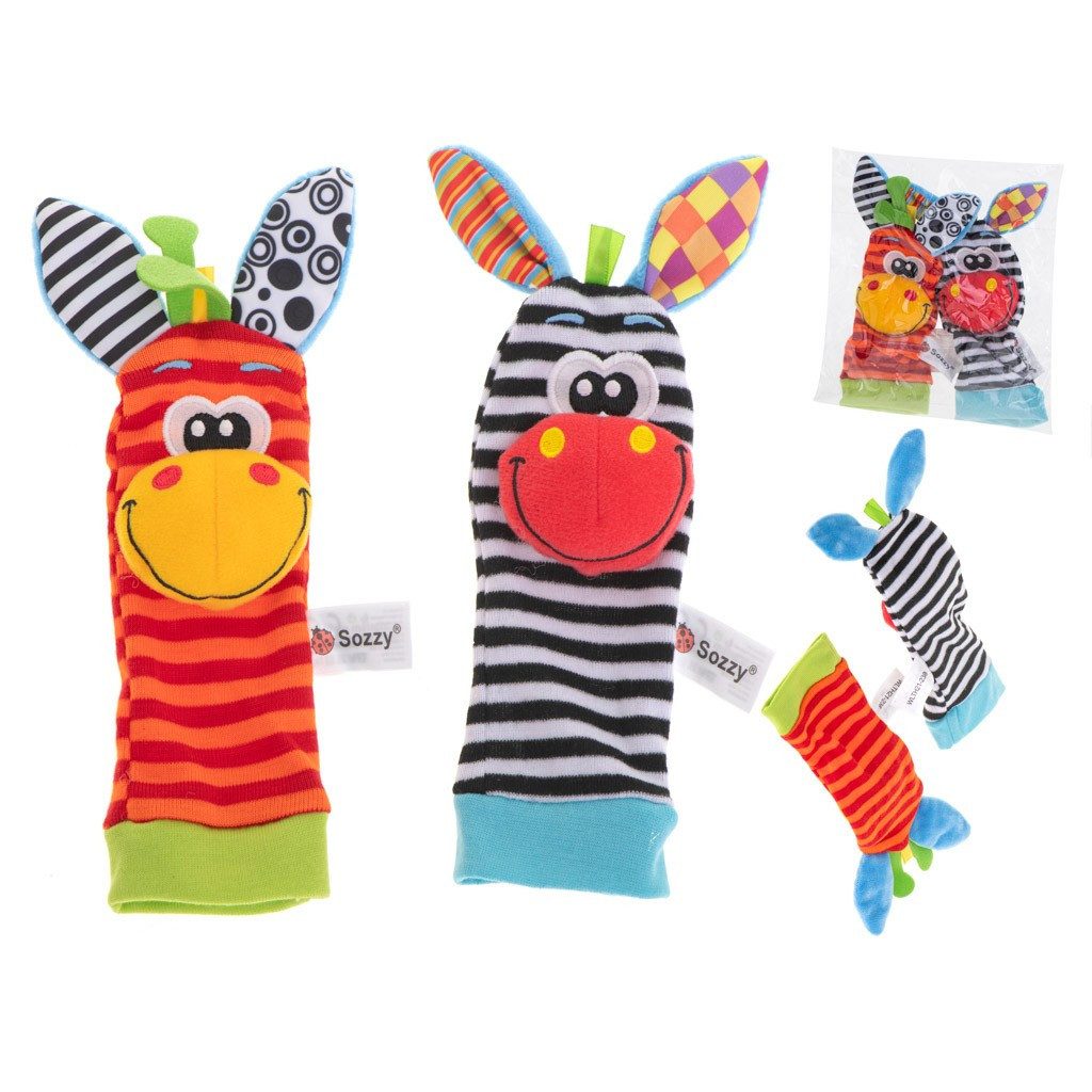 Ikonka Rasselsocke Babysocken Greifrassel Motorikspielzeug, Rasselgeräusch, weiches Bündchen, 2 Tiermotive