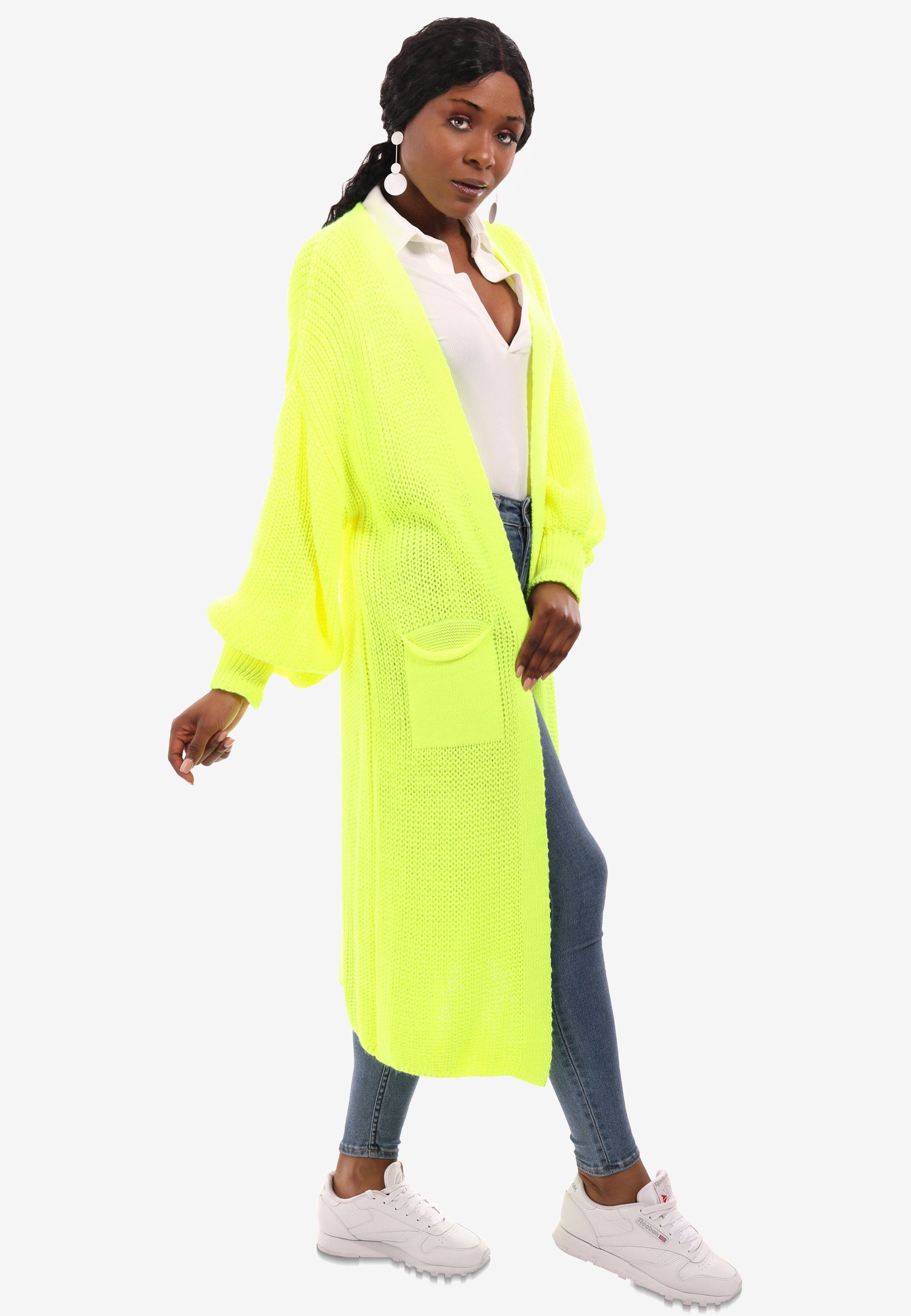 Style Verschlusslos neongelb Cardigan Cardigan YC Unifarbe, Basic aufgesetzten in Fashion Strickjacke & Taschen mit