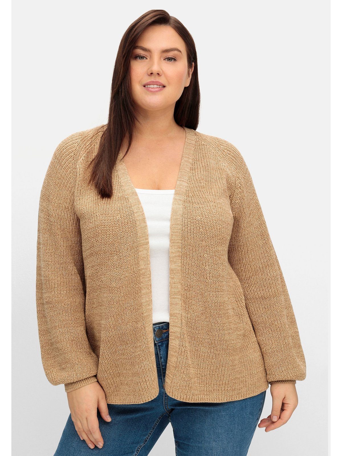 A-Linie Sheego und in Form Große offener leichter meliert Größen Strickjacke cappuccino