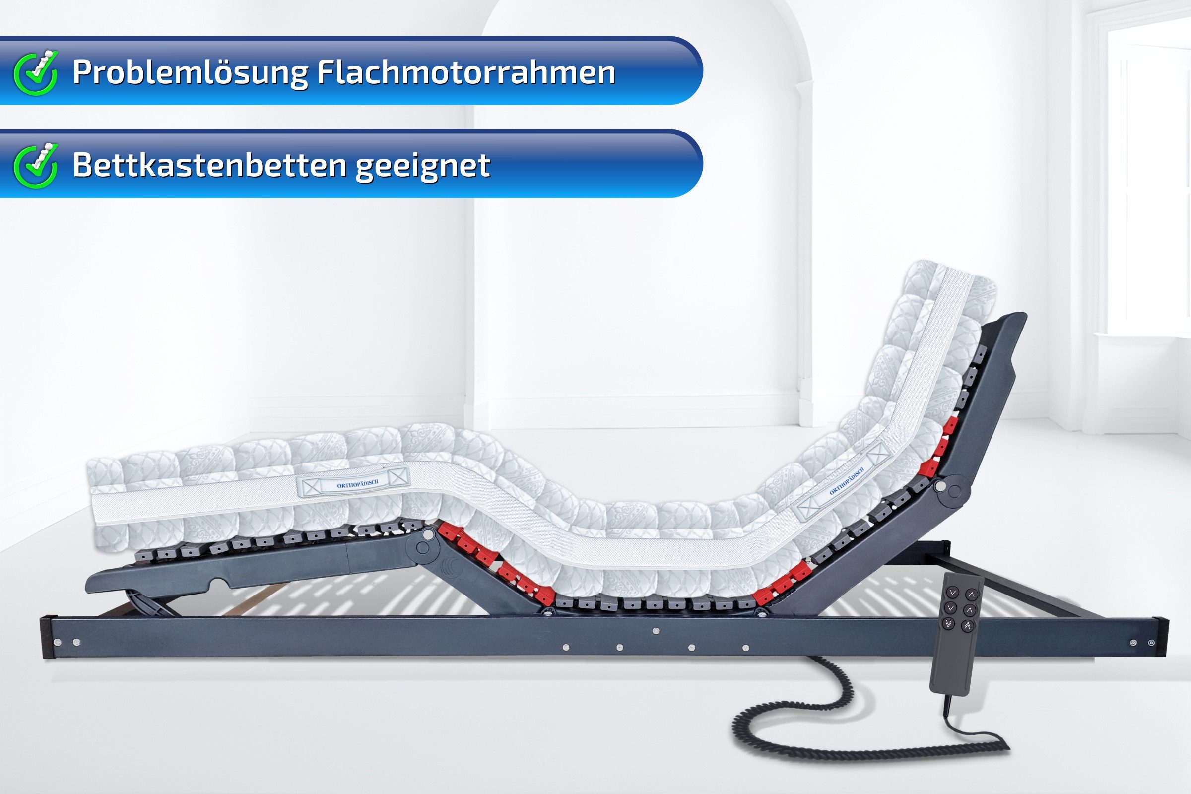 Lattenrost mit Motor Terra Med Flachmotor Elektrisch (Bettkastengeeignet) komplett Montiert, Matratzen Perfekt, Kopfteil elektrisch, Fußteil elektrisch, Größen 90x200cm, 100x200cm, 120x200cm 140x200cm,80x200cm, 90x190cm, kein Raumbedarf unterhalb des Rahmens, mit Härteverstellung