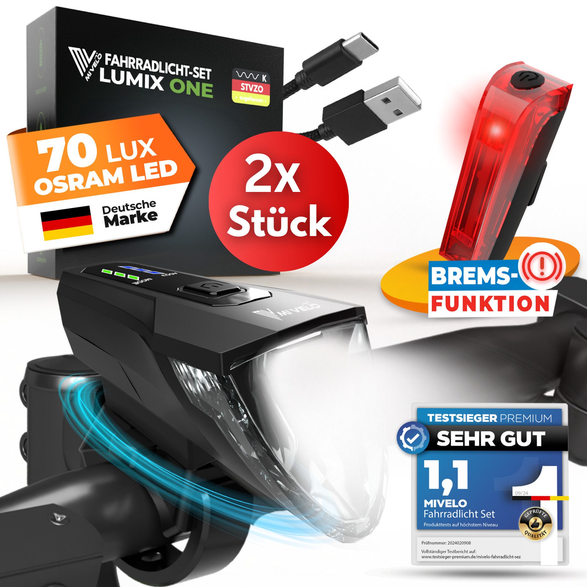 MIVELO Fahrradbeleuchtung LUMIX Fahrradlicht LED Set 70 LUX - Akku USB aufladbar wasserdicht, OSRAM LED