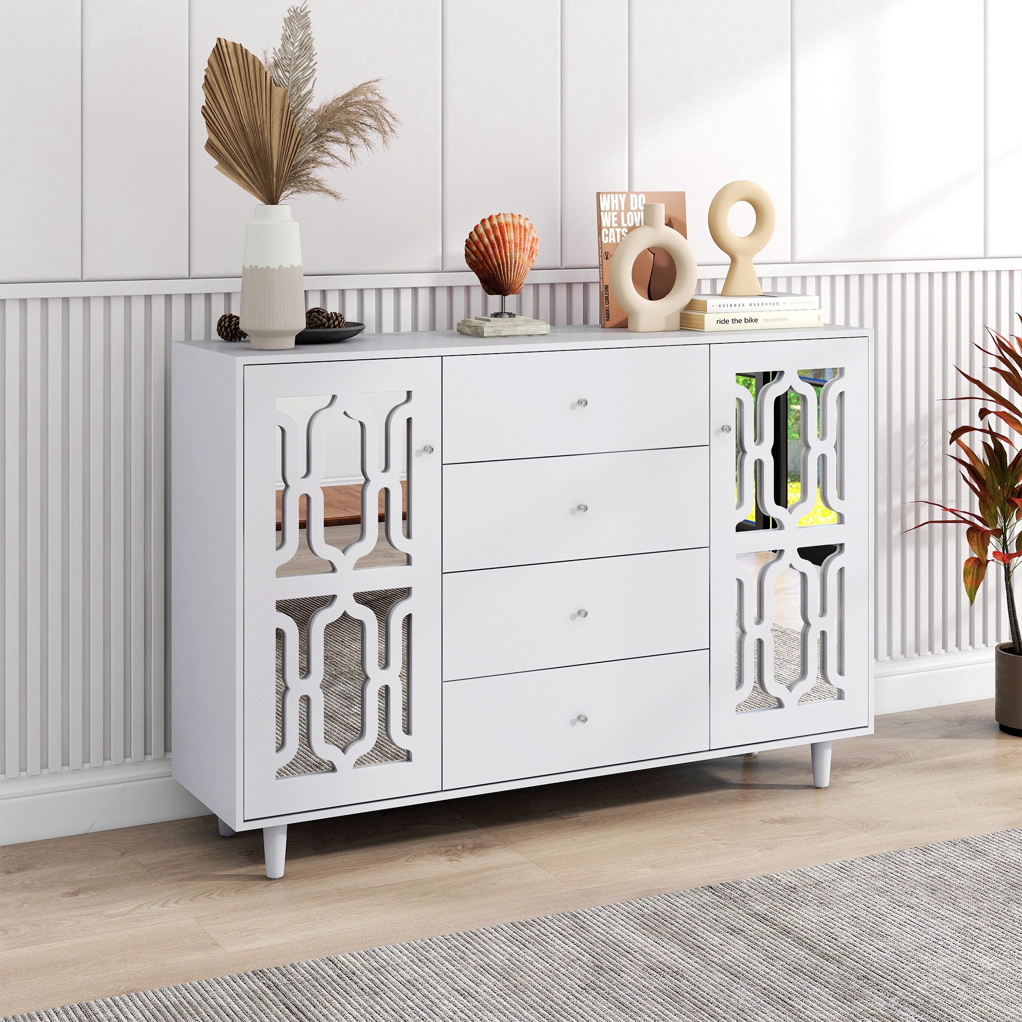 STILVORA Sideboard mit Schubladen,verspiegelte Beistellschrank Aufbewahrungsschrank (Weiß), verspiegelte Anrichte mit kühlen Kristallgriffen,für wohnzimmer