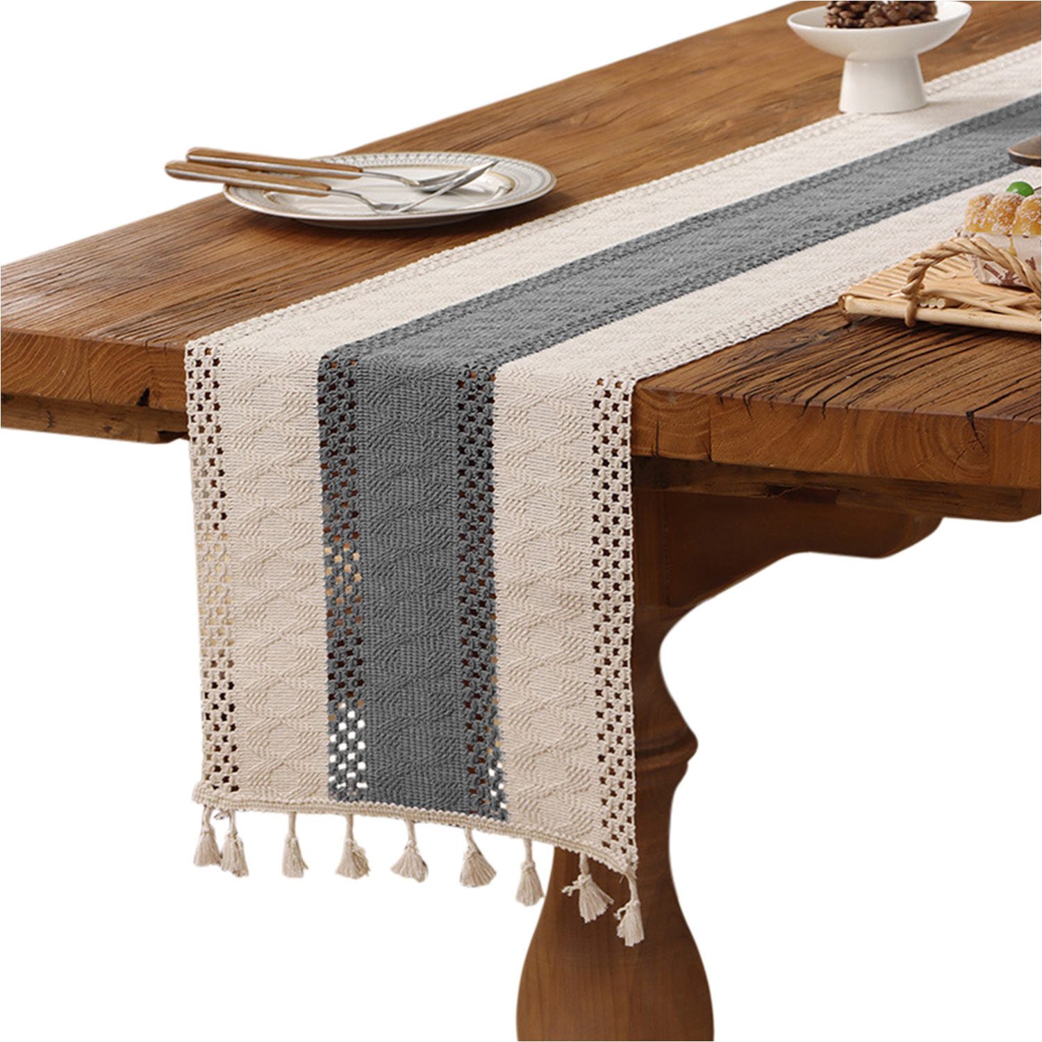 Refttenw Tischläufer Tischläufer mit Quastenbesatz,Boho-Makramee-Tischläufer,Tischdeko