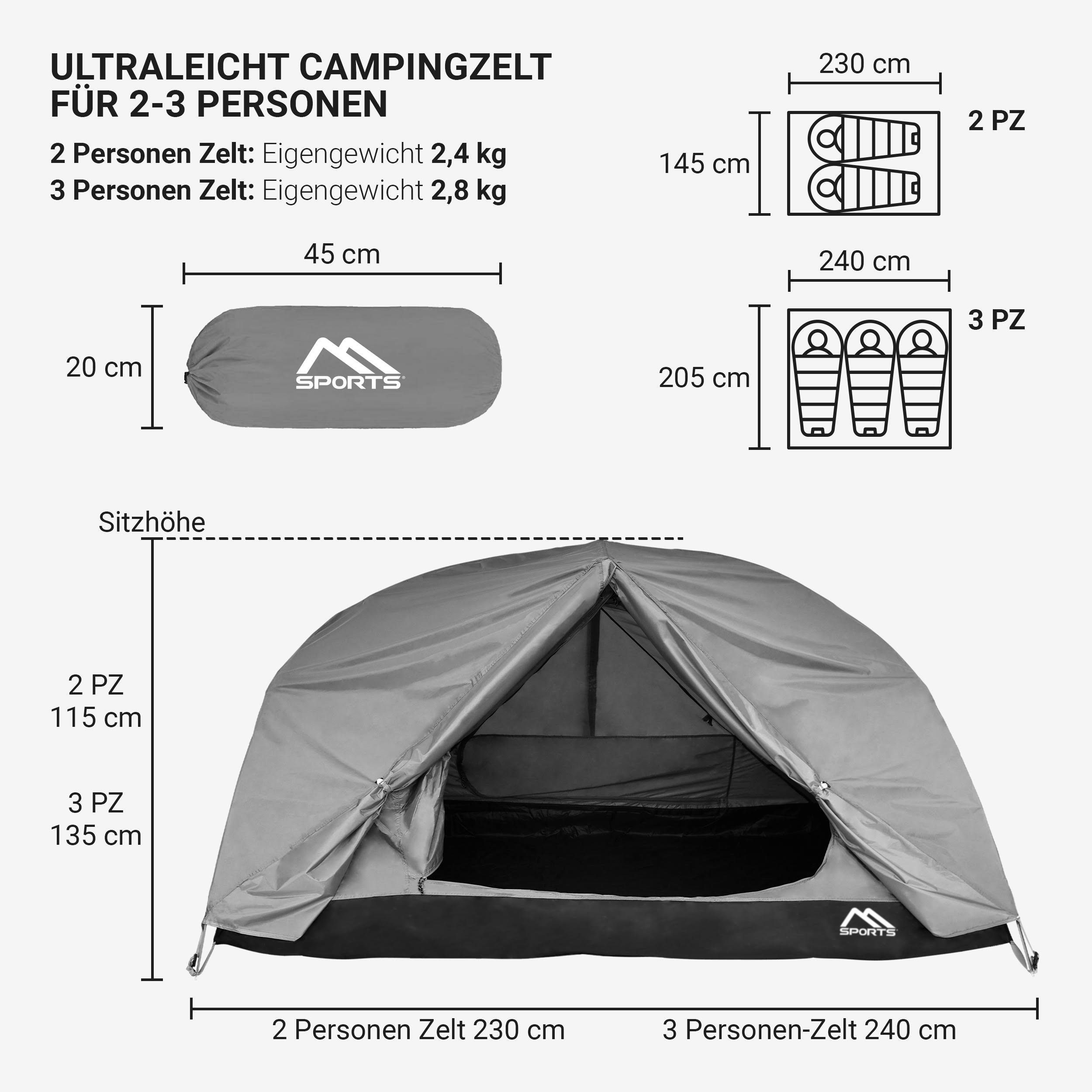 Zelt Winddicht Wasserdicht Igluzelt 3 Personen Campingzelt für Grau Würfelzelt Ultraleicht Zelt Kuppelzelt MSports®