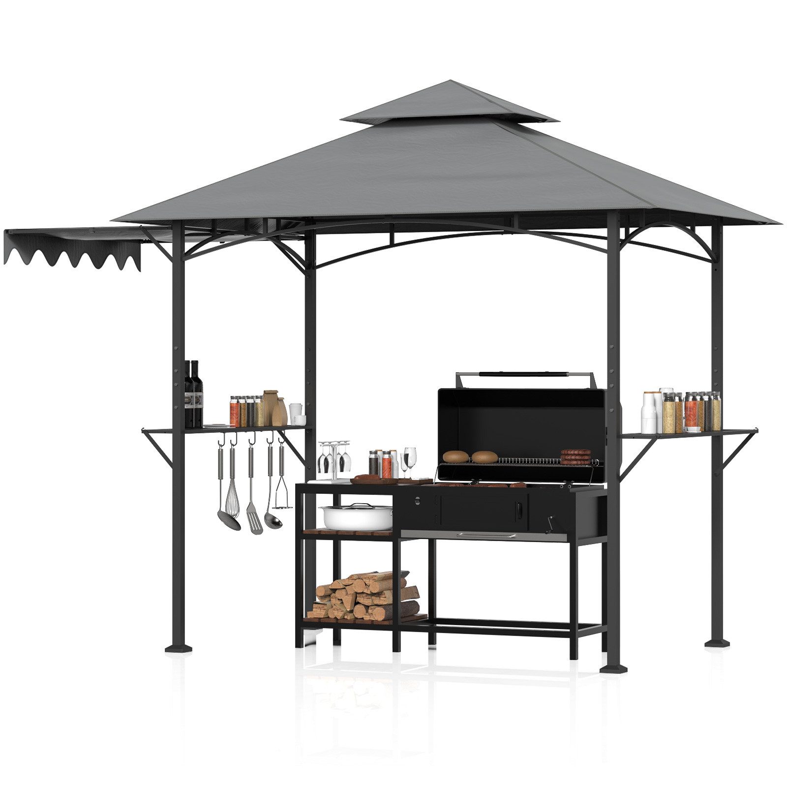 Huracan Grillpavillon Grillpavillon mit Erweiterungsdach & Ablagen, Doppeldach, Wetterfest & Stabile Stahlkonstruktion für Garten & BBQ