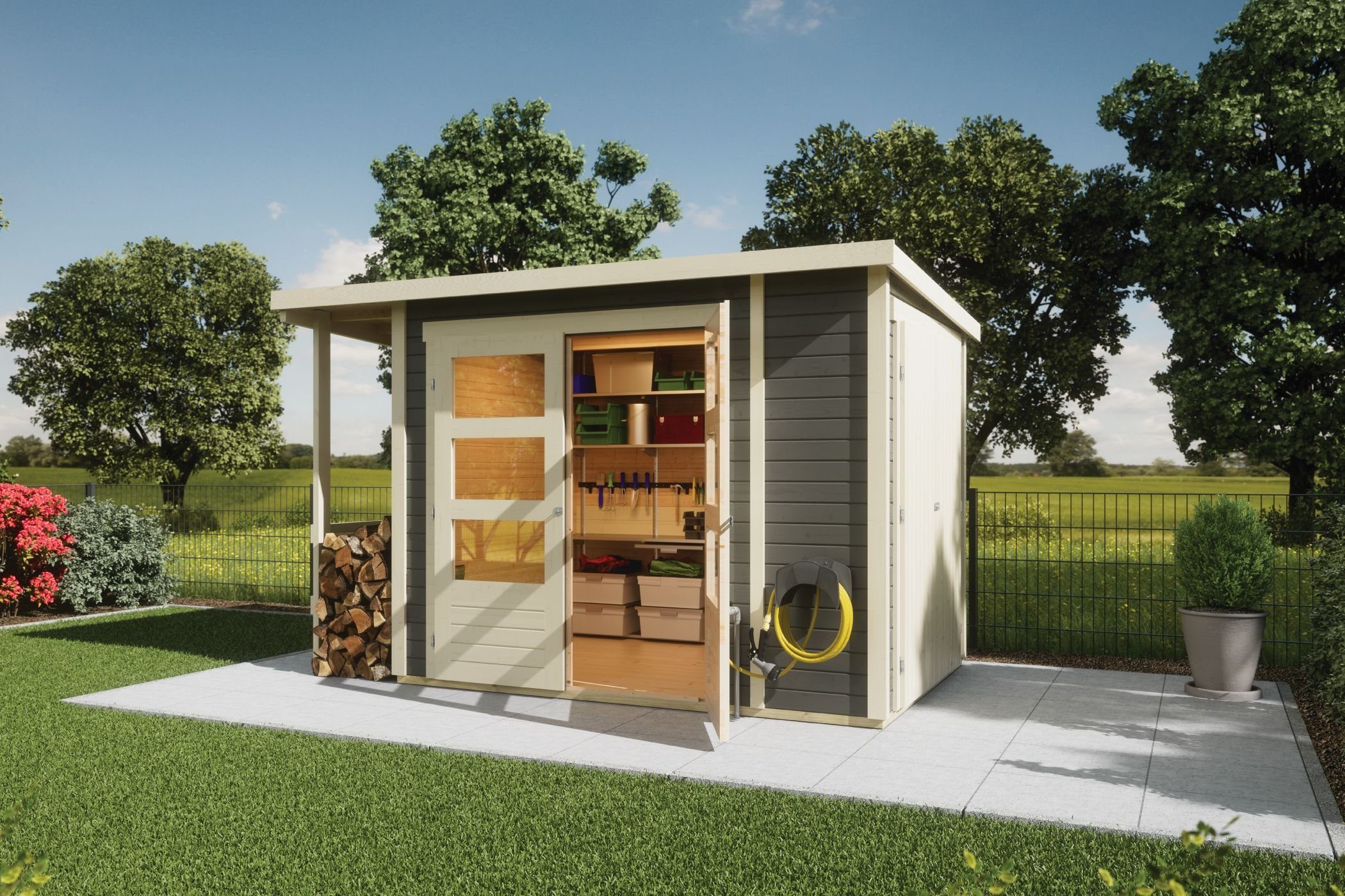 Karibu Gartenhaus Gartenhaus Multi mit Schrank und Anbaudach (Holzunterstand) terragrau, (1 Stück, inkl. Fußboden & Dacheindeckung), inkl. Fußboden und Dacheindeckung