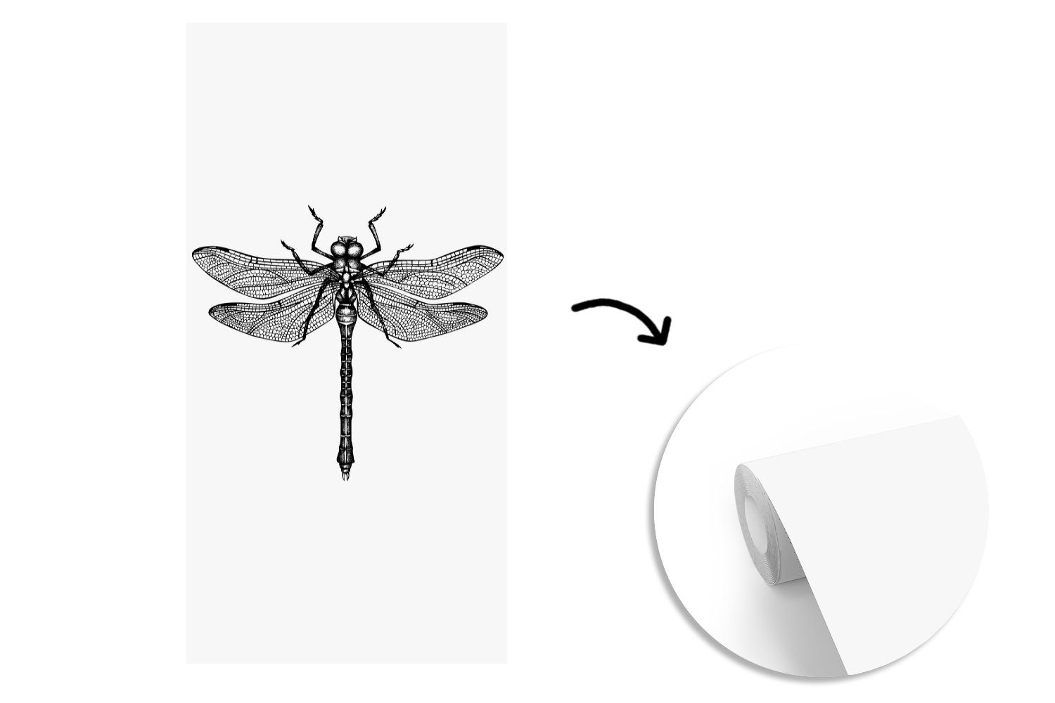 MuchoWow Fototapete Libelle - Insekten St), für (2 und Küche, - Matt, bedruckt, - Schlafzimmer Fototapete Wohnzimmer Schwarz weiß, Retro Vliestapete