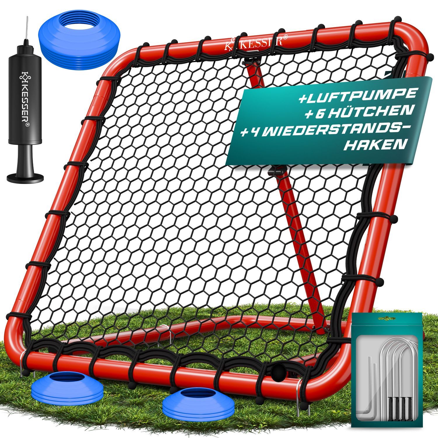 KESSER Rebounder, (Set inkl. Luftpumpe, 6 Markierungshütchen und 4 Widerstandshaken), Verstellbares Trainingsnetz für präzises Pass- und Schusstraining