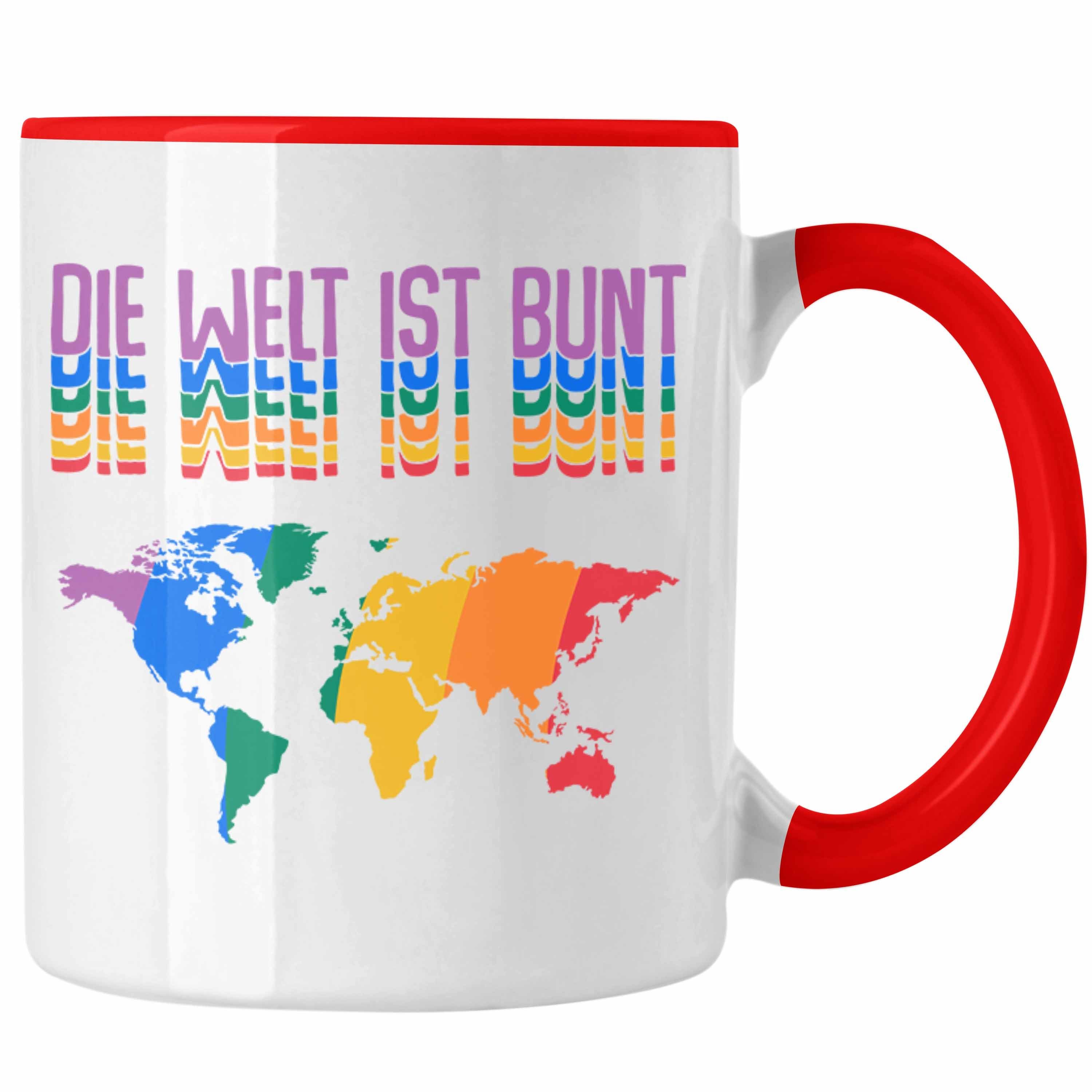 Trendation Tasse Trendation - LGBT Tasse Geschenk für Schwule Lesben Transgender Regenbogen Lustige Grafik Regenbogen Die Welt Ist Bunt Rot