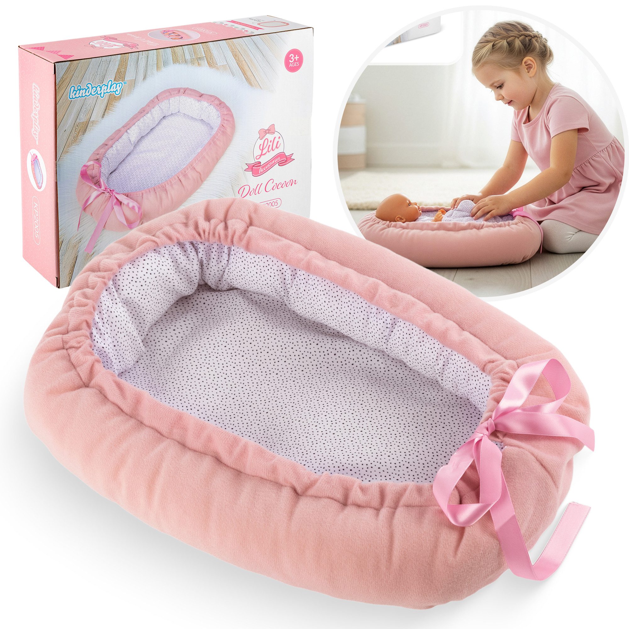 Kinderplay Dolls & Strollers Puppenbett Puppen-Kokon 43 cm – weich & wendbar – Rosa Punkte – ab 3 Jahren