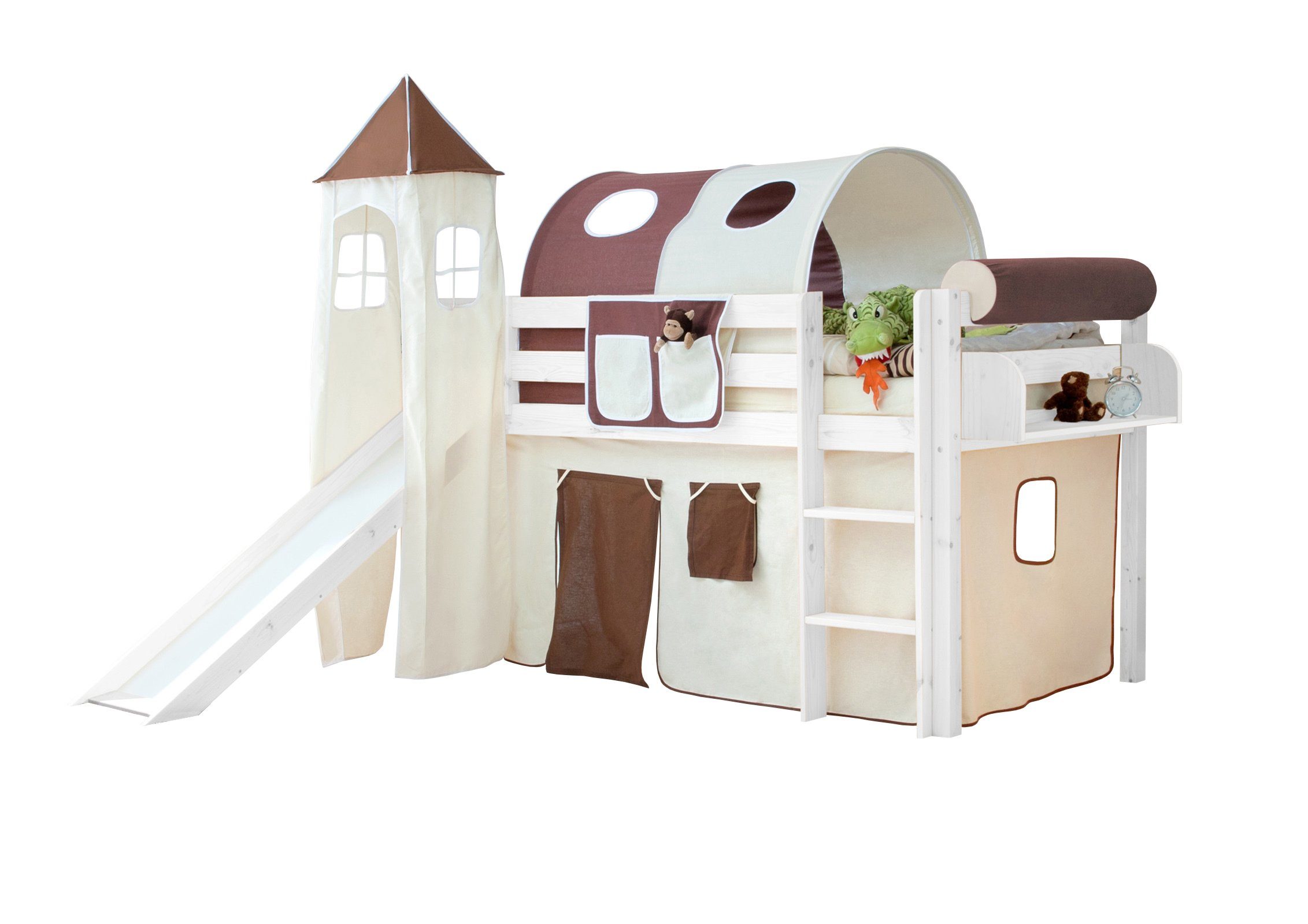 Ticaa Hochbett Rutschbett mit Turm "Kasper" Kiefer Weiß Classic Weiß lackiert (Holzmaserung sichtbar), Breite mit Rutsche ca. 217cm