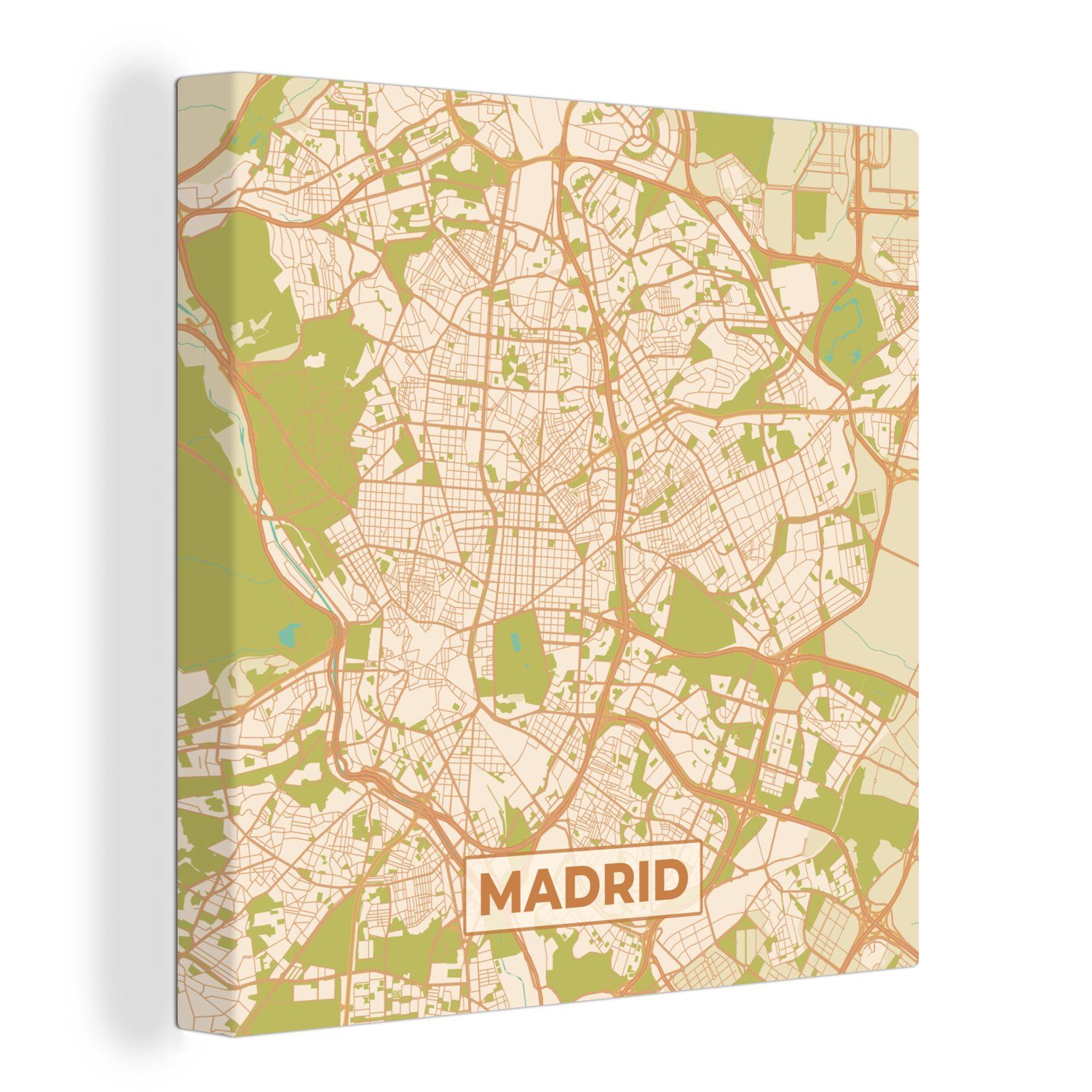 OneMillionCanvasses® Leinwandbild Madrid - Stadtplan - Karte - Vintage, (1 St), Leinwand Bilder für Wohnzimmer Schlafzimmer