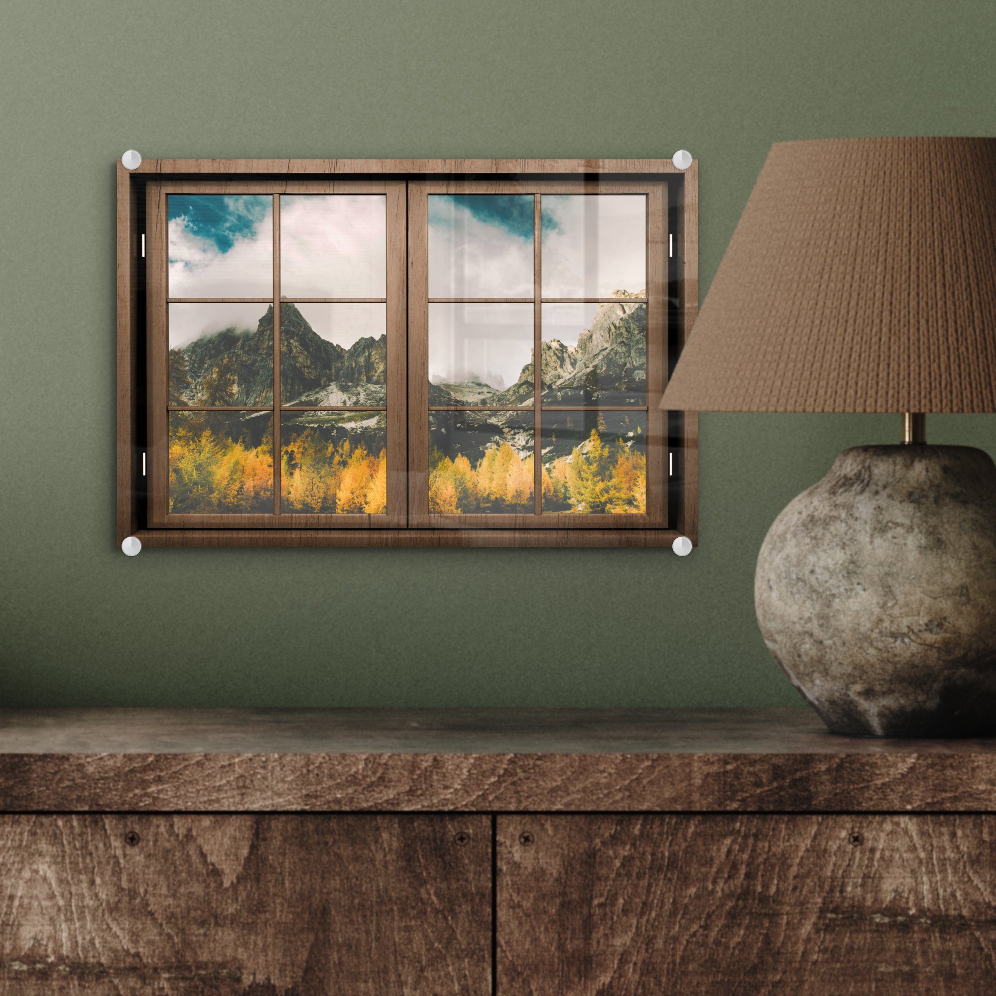 Aussicht - (1 Glas auf - - Glas Baum, Bilder - MuchoWow St), auf Foto Wandbild Wanddekoration Berg Glasbilder Acrylglasbild -