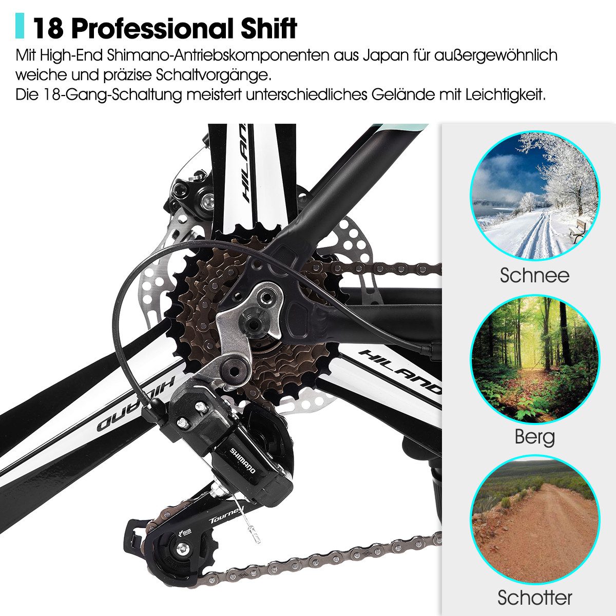 HILAND Mountainbike 26" Aluminium MTB Shimano 18-Gang, 3D/6D Felgen wählbar, 3/6-Speichen-Räder, 18-Gang, mit Schutzblechen, Doppelscheibenbremsen