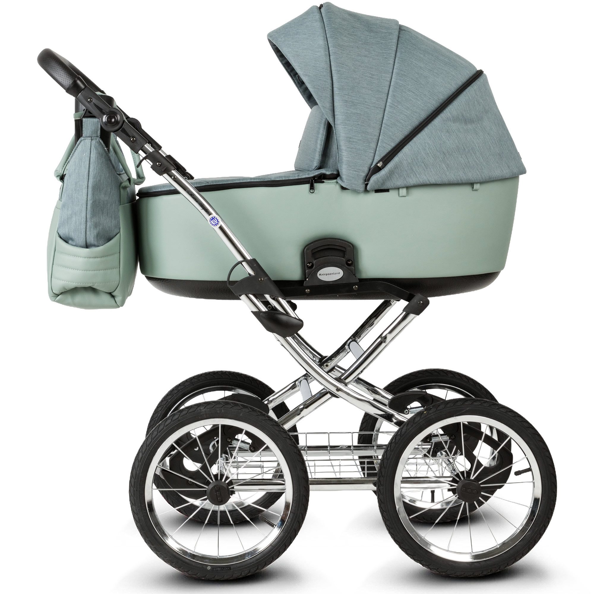 Knirpsenland Kombi-Kinderwagen Retro Style 2in1 inkl. Sportwagen, Wickeltasche & viel Zubehör, (Spar-Set), hohe Sicherheit durch One-Klick System der Kinderwagenaufsätze