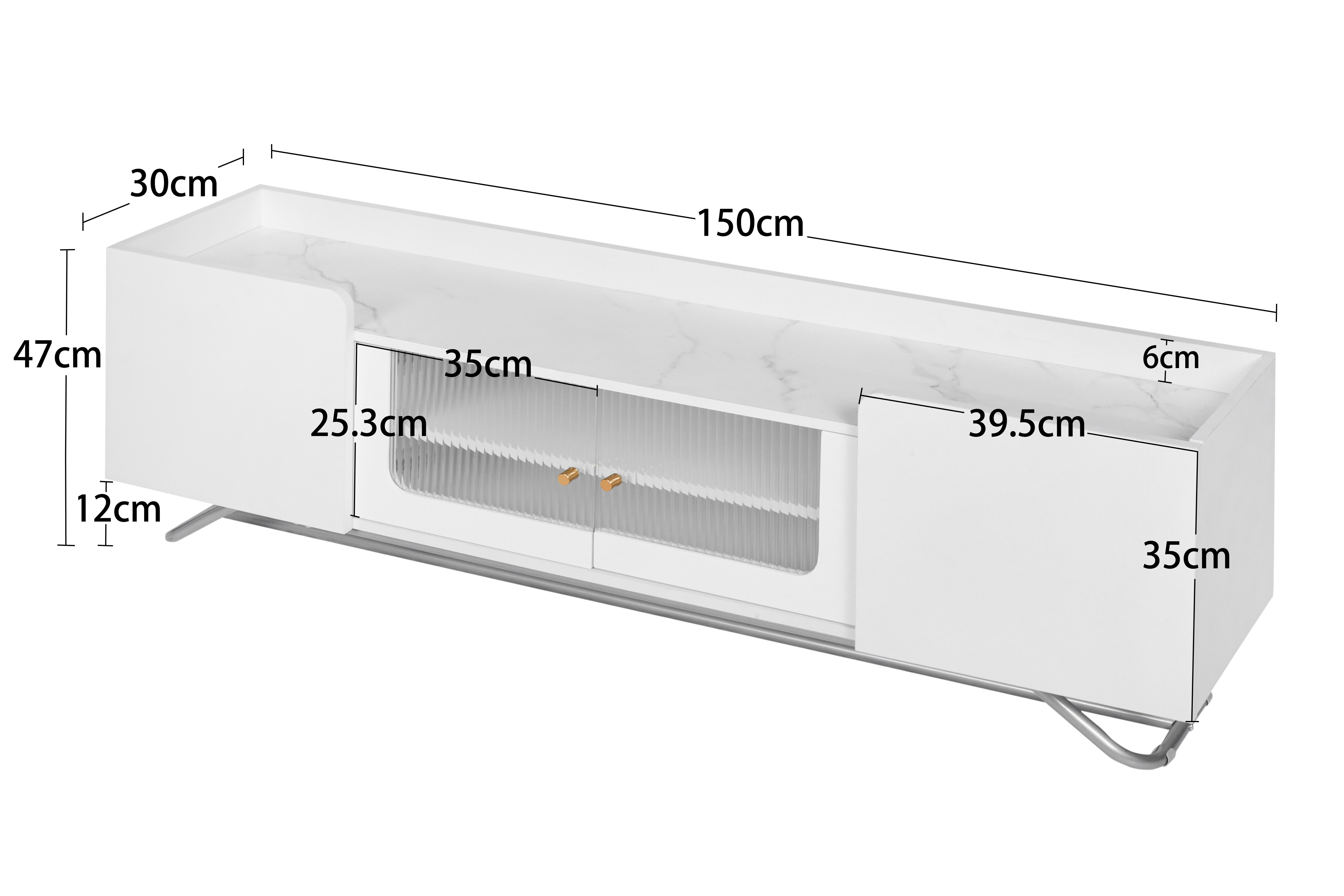 Lowboard (TV Schrank mit 4 Türen und 2 Regal), Hochglanz Tischplatte in Marmoroptik und schöne Glastür, Breite 150 cm