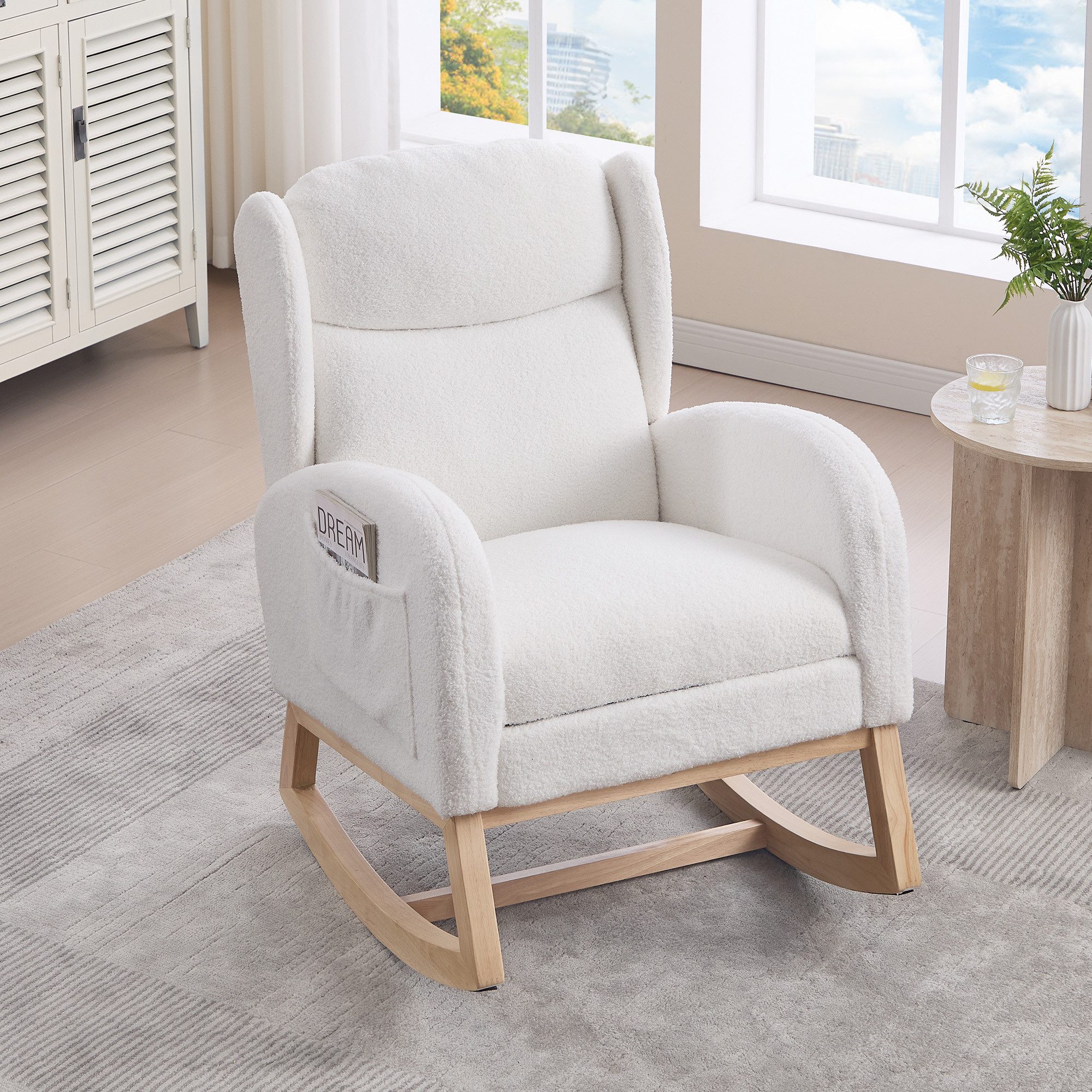 MODFU Schaukelstuhl Lounge-Sessel im modernen Design (mit Teddy-Stoff, verstellbare Fußstütze & Holzgestell)