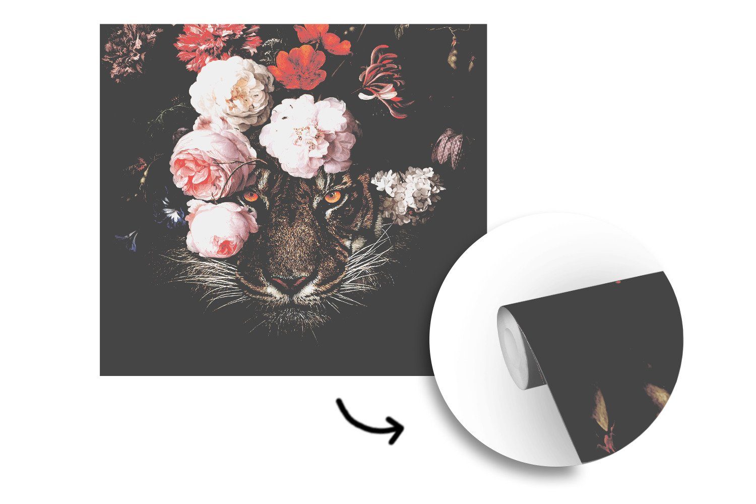 - Blumen oder Tapete Kunst, - Vinyl für St), Matt, MuchoWow bedruckt, Schlafzimmer, Tiger Wohnzimmer Fototapete (5 Wandtapete