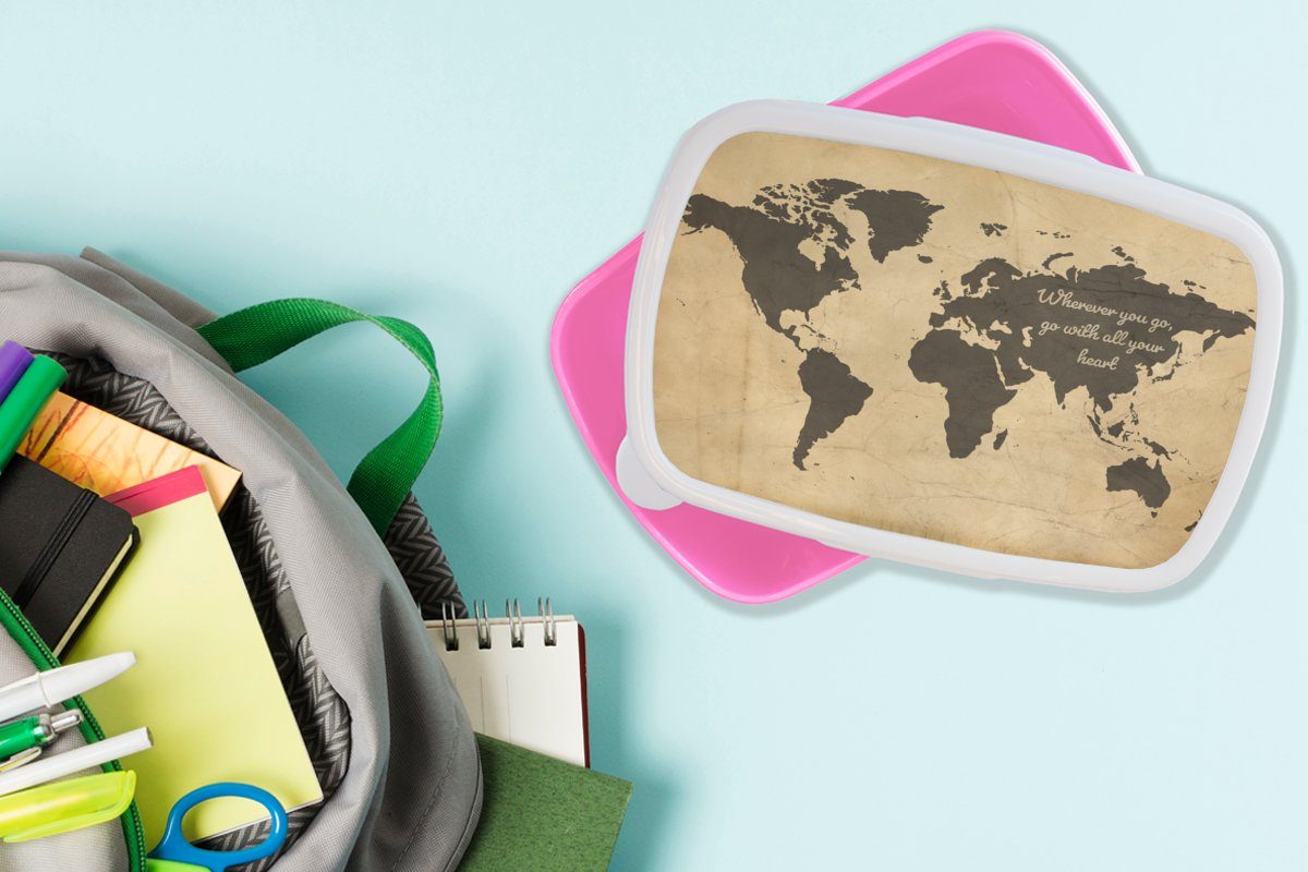 (2-tlg), Vintage MuchoWow Kunststoff Erwachsene, Zitat, Mädchen, Snackbox, Weltkarte - - Lunchbox Kinder, Brotbox Brotdose für Kunststoff, rosa
