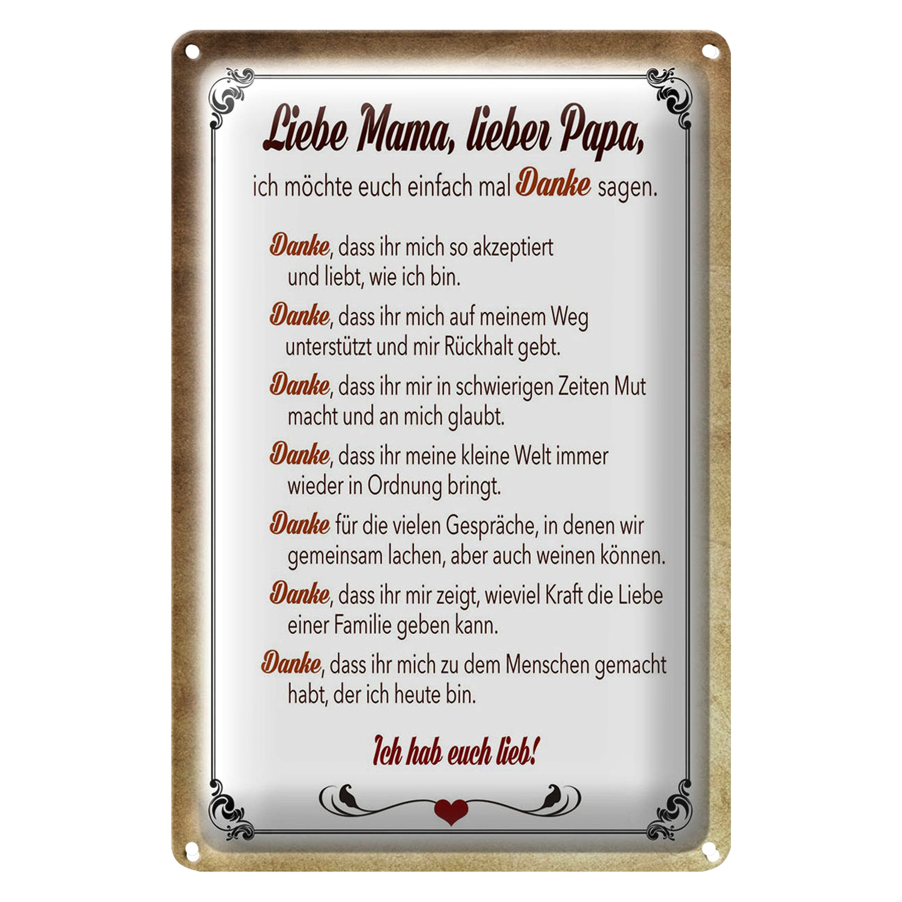 Metallschild Spruch 12x18cm Mama Papa hab euch lieb danke