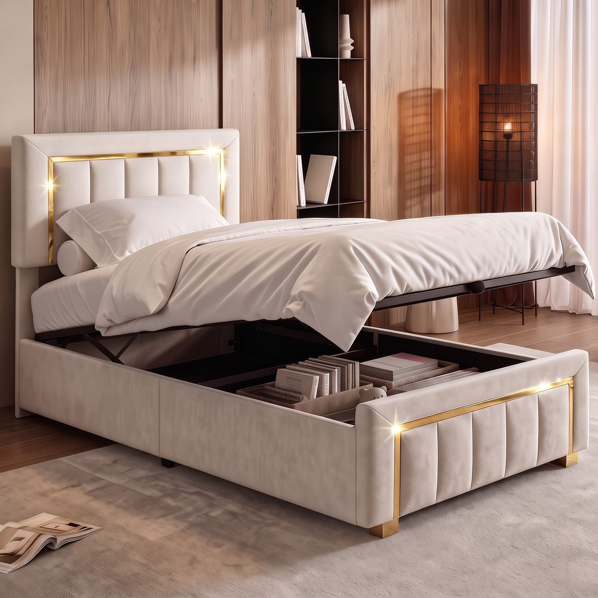 PXloue Stauraumbett Elegantes Polsterbett mit goldenen Akzenten und gepolstertem Kopfteil, Luxuriöses Design mit stabilem Gestell und hochwertigem Bezug.