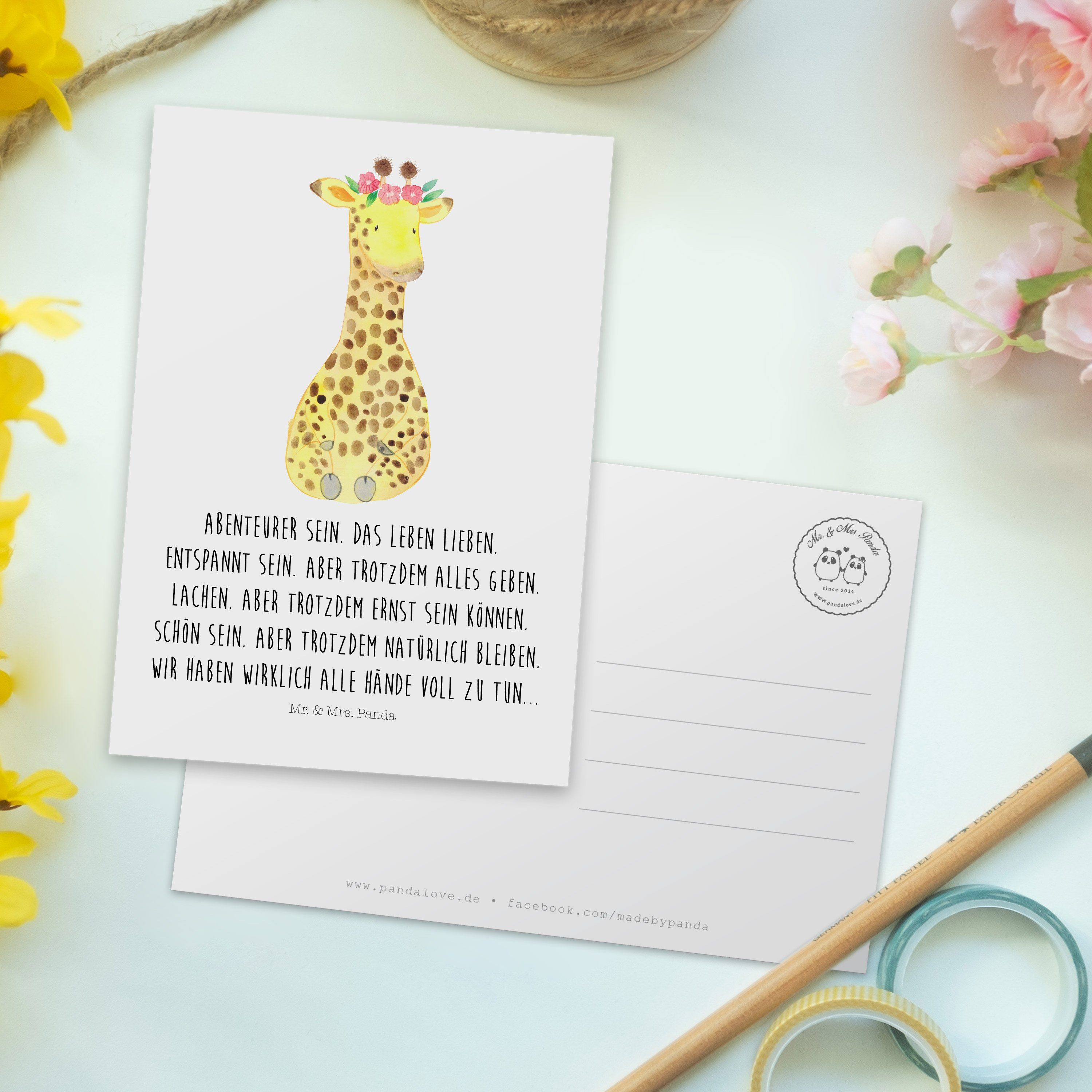 Mr. & Mrs. Panda Postkarte Weiß Giraffe Wildtiere, - Freundin, Einladung Geschenk, Blumenkranz 