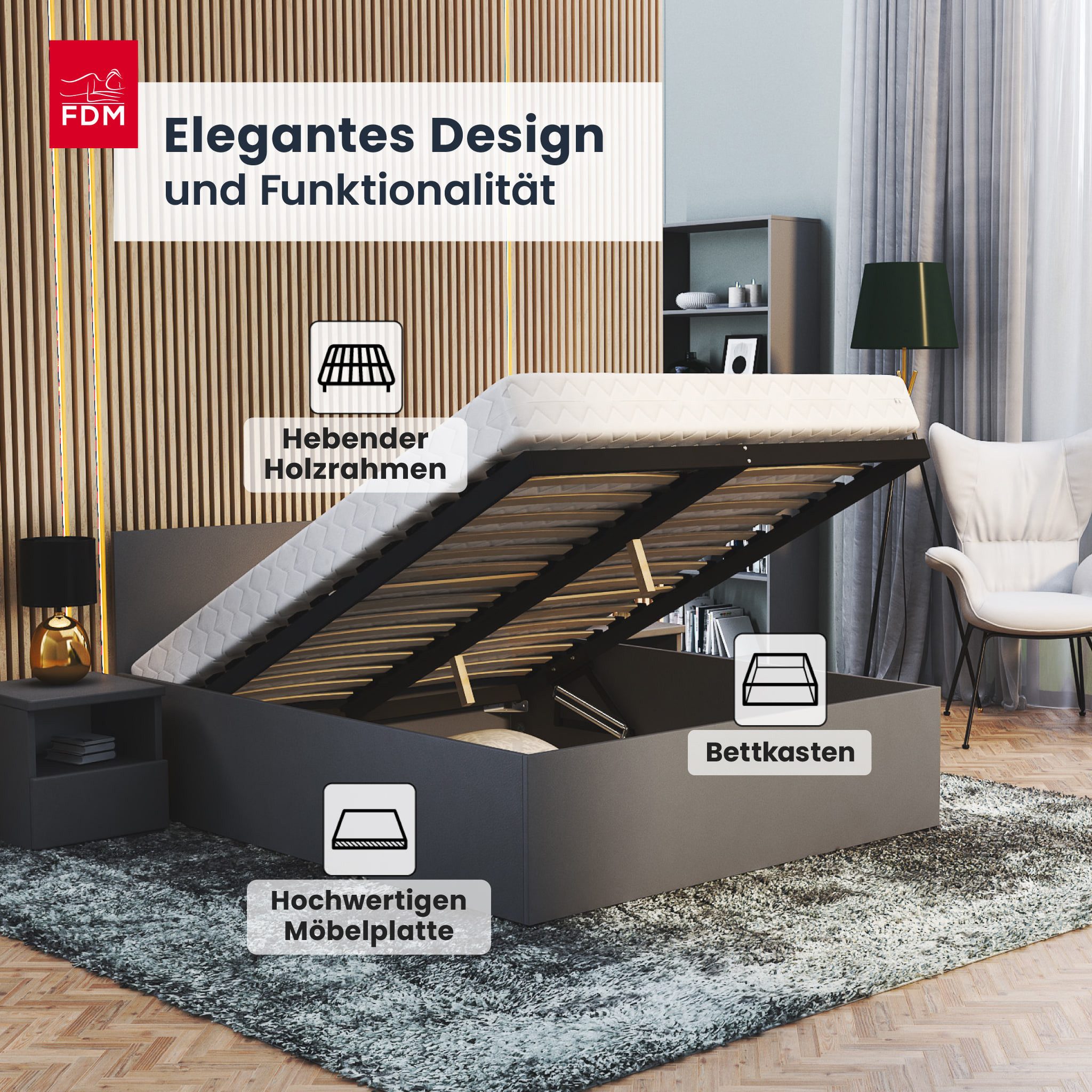 FDM Stauraumbett Bett Stauraumbett PANAMA SP Bettgestell 140x200 & weitere Größen (verfügbar 90x200 120x200 140x200 160x200 180x200cm, Bettrahmen, Bett, mit großen Kopfteil, mit Bettkasten zum aufklappen), mit/ohne Matratze