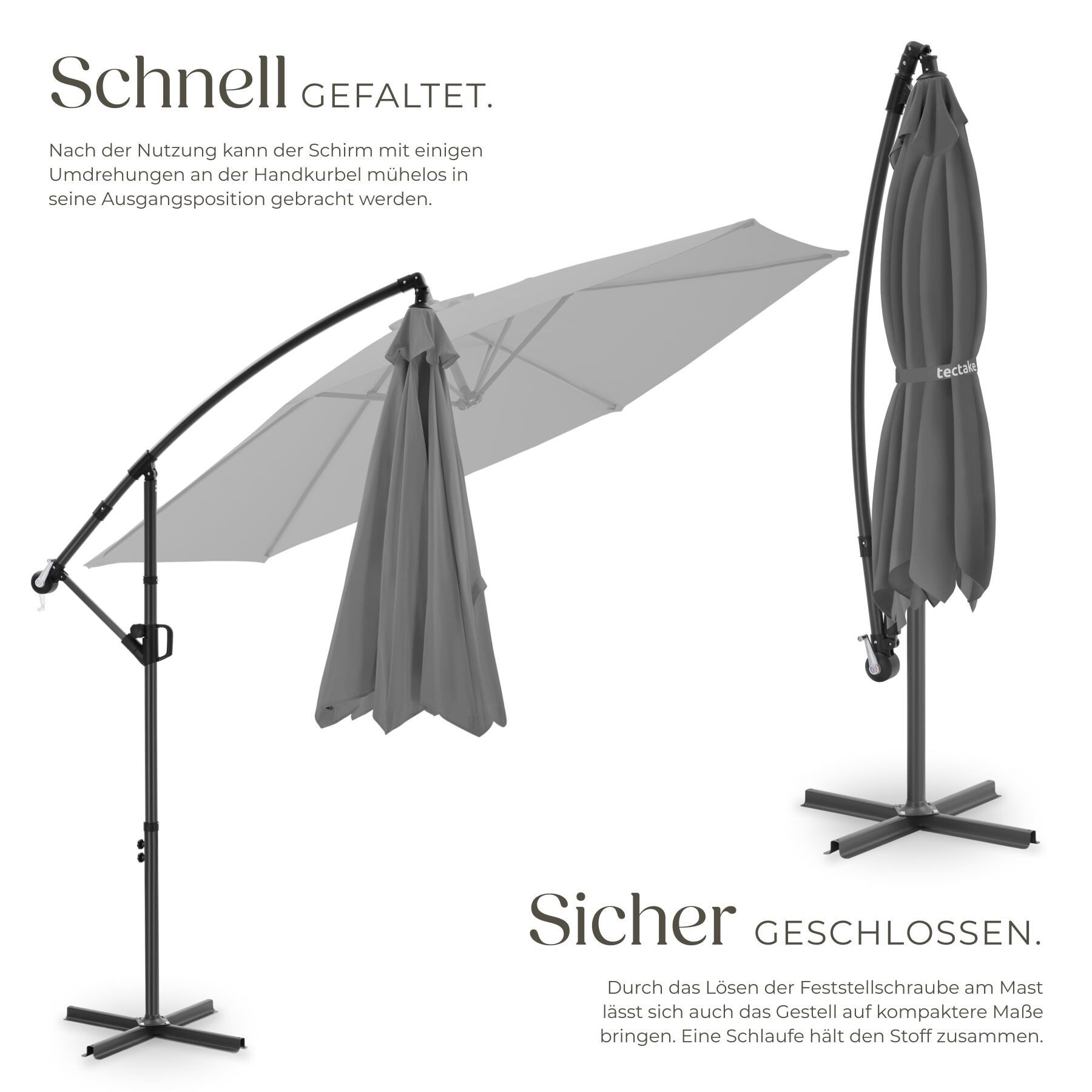 tectake Ampelschirm Sonnenschirm mit Doppeldach, inkl. Schutzhülle, 3 x 3 m, Balkonschirm Artemis, für Außen in Grau, 360° drehbar, wasserabweisend, neigbar, Kurbelmechanismus