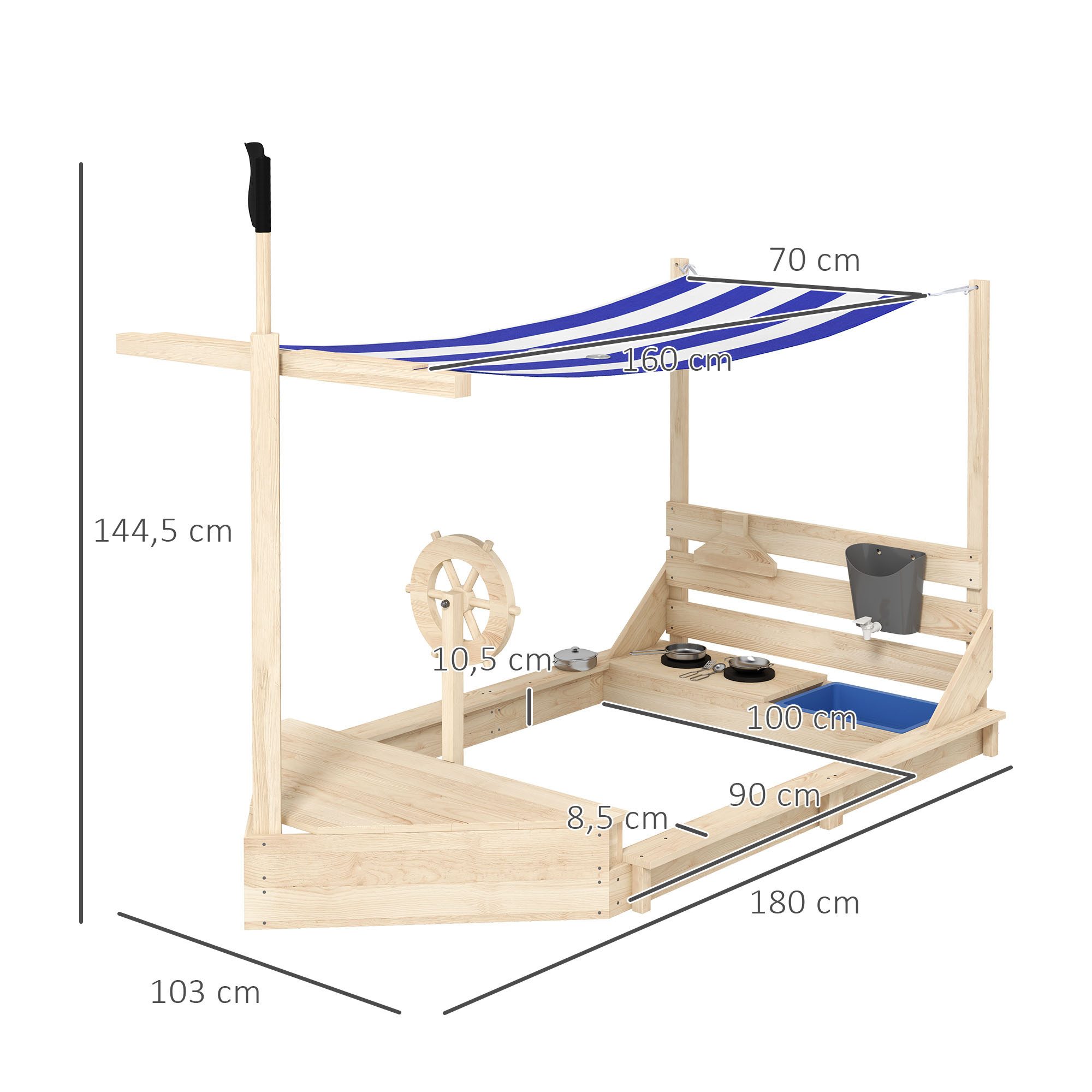 Outsunny Sandkasten Sandkiste groß mit Abdeckung im Schiff Design, (Matschekiste, 1-tlg., Segelschiff), für Kinder 3-7 Jahre Natur 180 x 103 x 144,5 cm