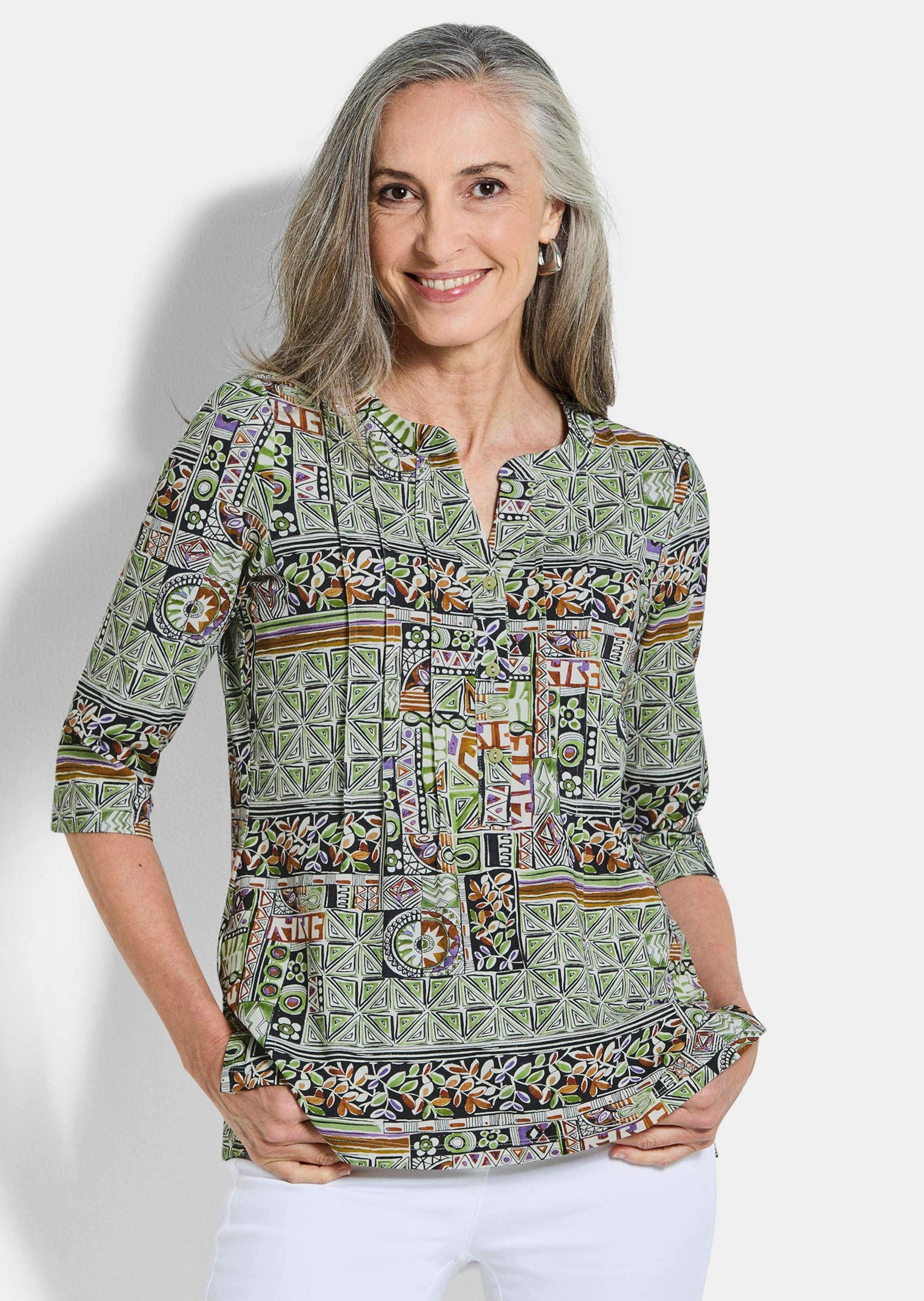 GOLDNER Tunika Sommertunika mit Biesen Druckbluse mit U-Boot-Ausschnitt mit V, Seitenschlitzen und 3/4-Arm